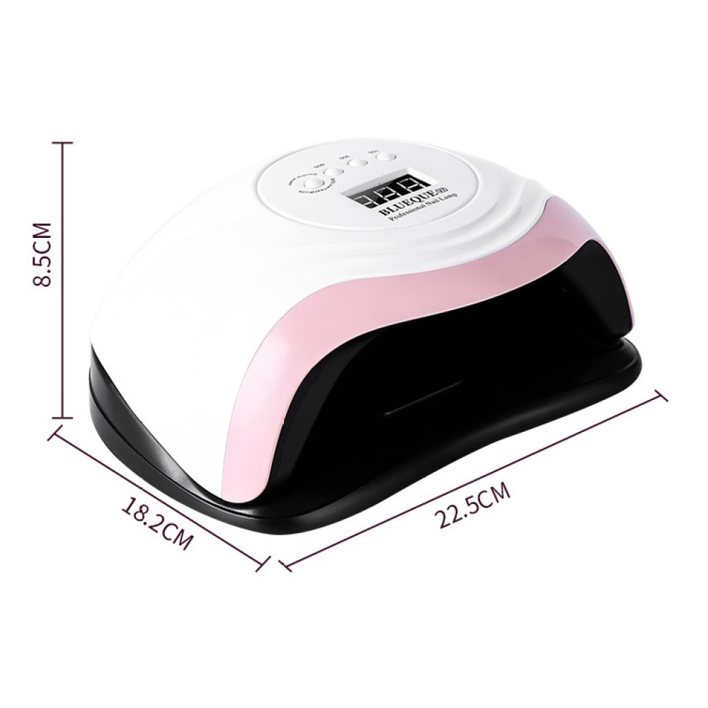 Eine weiße und rosa Nagellampe mit schwarzer Basis. Sie hat eine Digitalanzeige und Tasten. Abmessungen sind angegeben.
