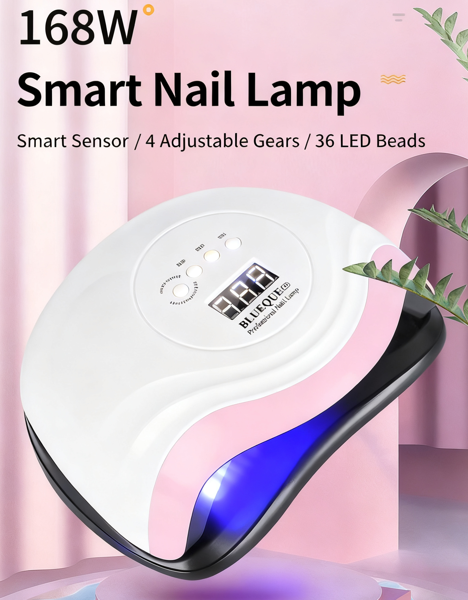 Eine weiße und schwarze Smart-Nagellampe mit digitaler Anzeige auf rosa Hintergrund. Text enthält 168W und Smart Nail Lamp.