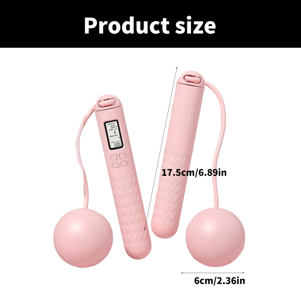 Rosa Springseil-Set. Ein Griff zeigt einen Bildschirm. Enthält zwei Griffe und zwei Bälle, Größen werden angezeigt.