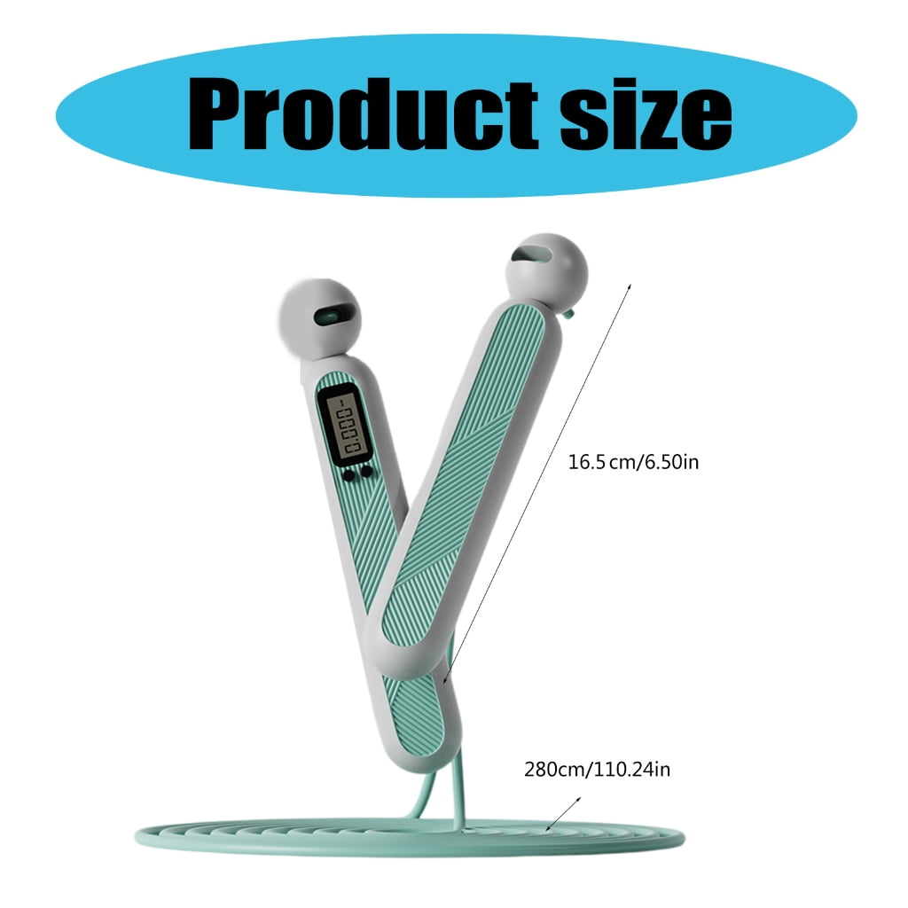 Ein weiß-grünes Springseil mit Produktgrößenangabe und Digitalzähler. Abmessungen sind 16,5 cm/6,50 Zoll und 280 cm/110,24 Zoll.