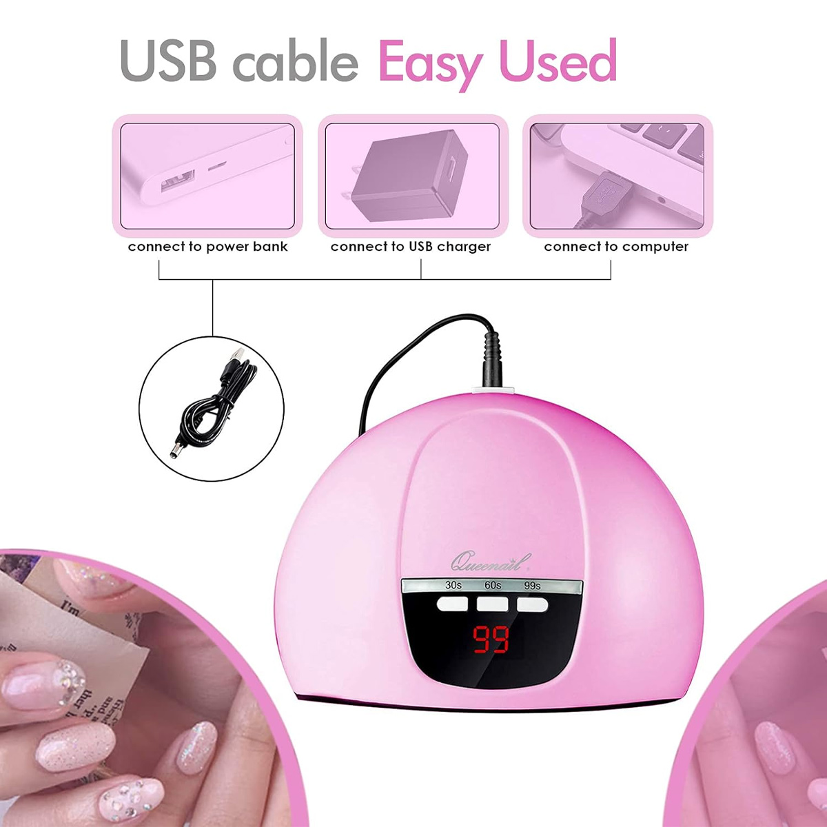 Eine rosa Nagellampe mit USB-Kabel und drei kleinen Bildern, die Stromanschlussoptionen zeigen: Powerbank, USB-Ladegerät und Computer.