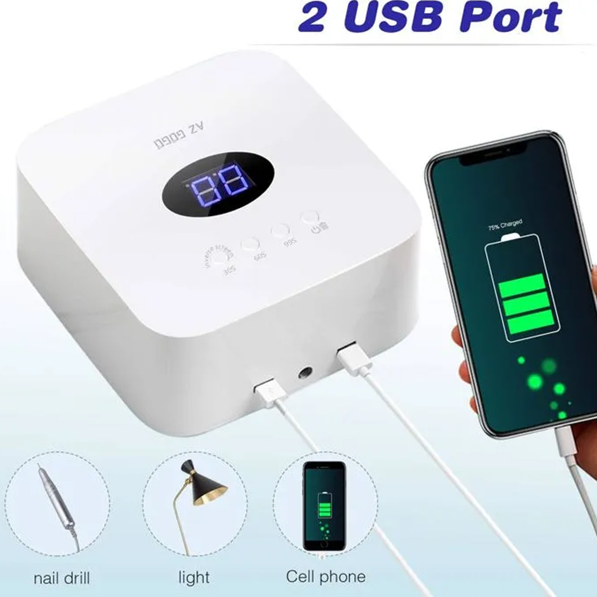 Weißes Gerät, das ein Telefon auflädt. Telefon zeigt 75% geladen an. Unten sind Symbole: Nagelfräser, Lampe und ladendes Handy.
