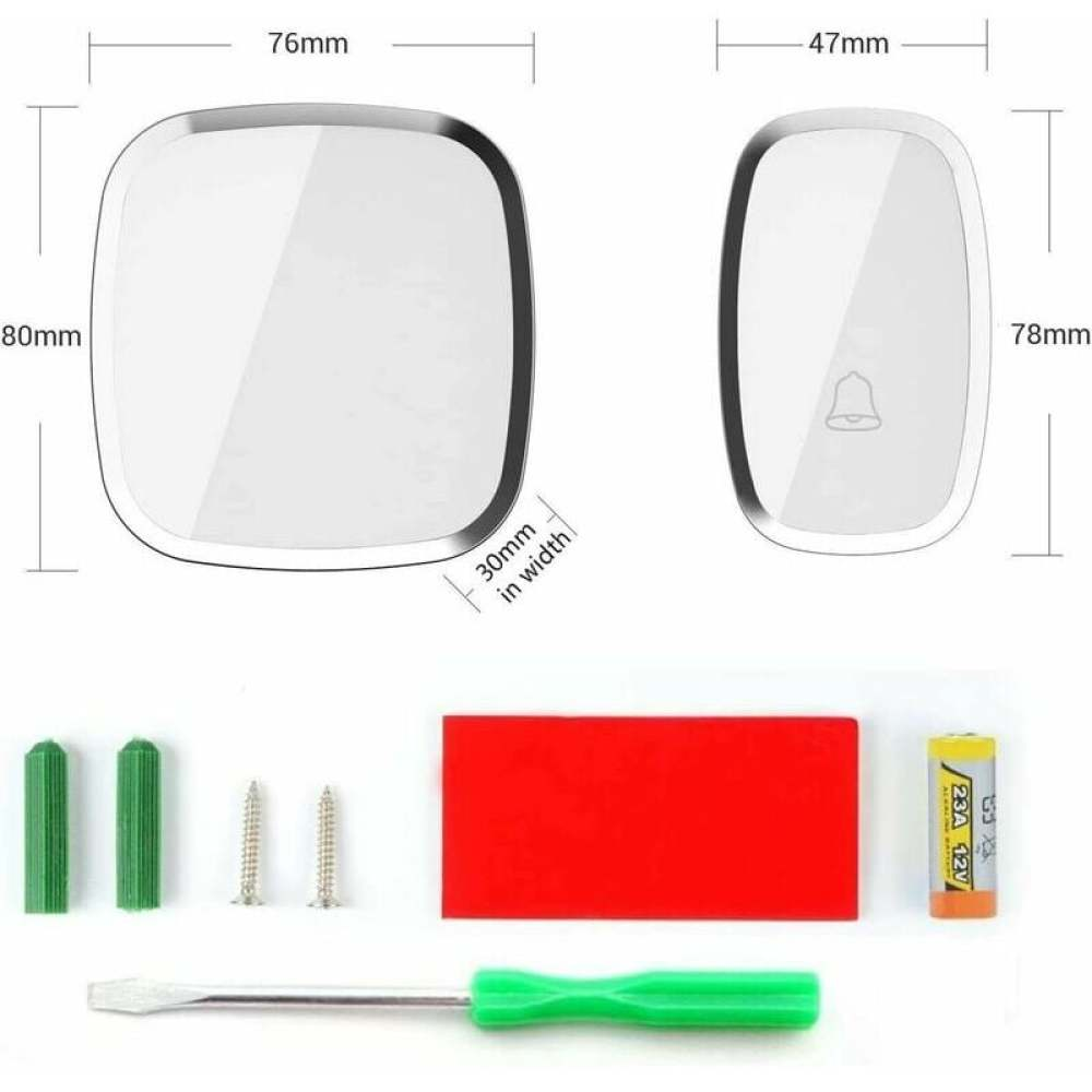 Diagramm eines Türklingel-Kits. Enthält zwei Türklingelkomponenten, Schrauben, Schraubendreher, rotes Pad, grüne Dübel und eine Batterie.
