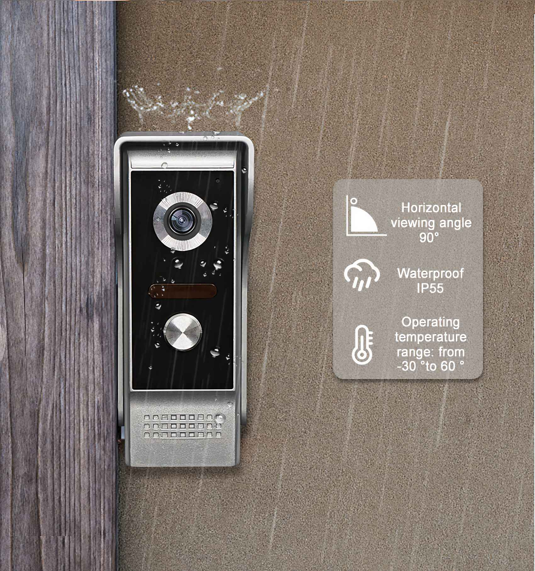 Eine moderne Türklingel mit Kamera, Knöpfen und wasserdichten Eigenschaften ist an einer braunen Wand montiert.
