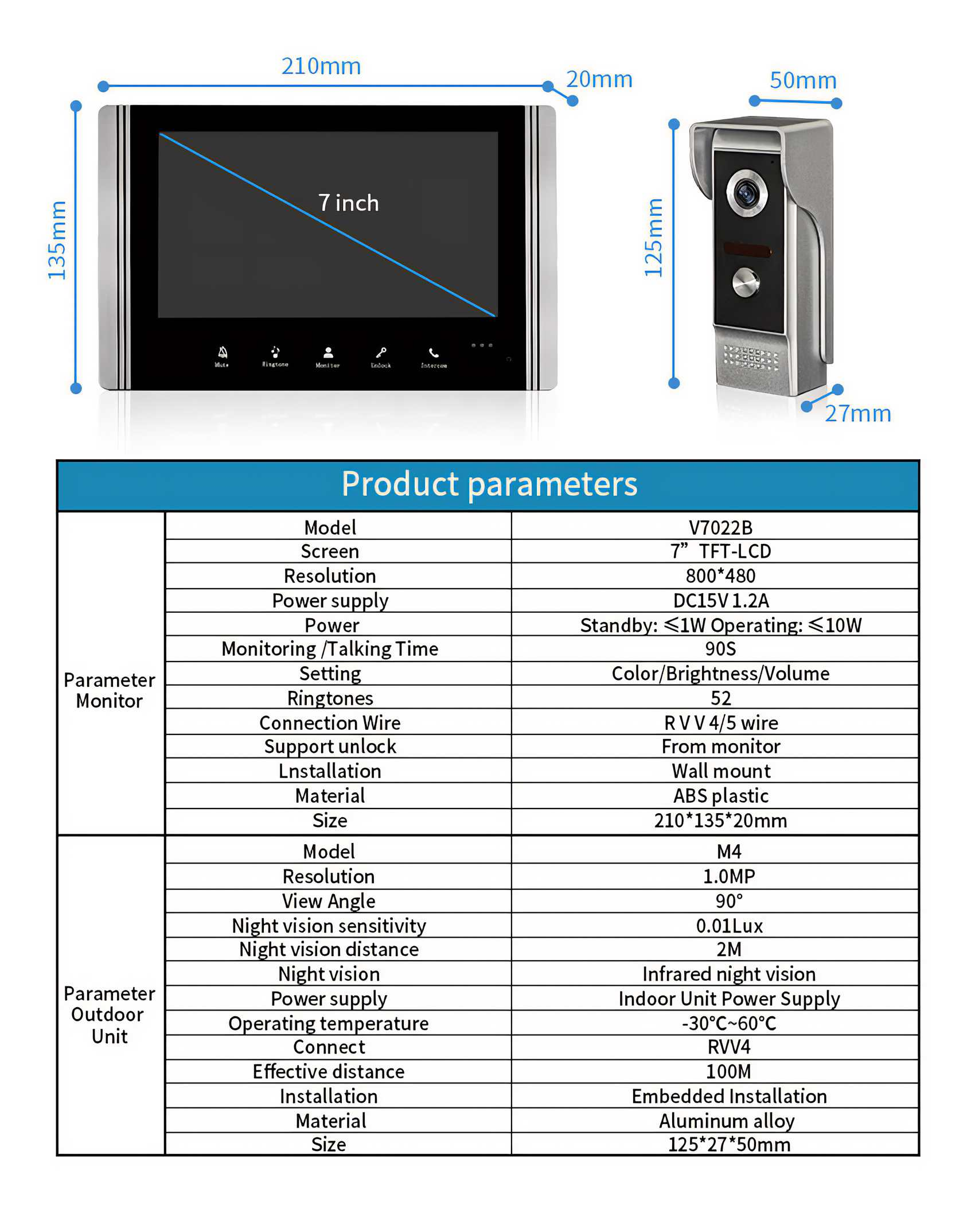 Ein Türtelefonsystem mit Monitor und Außeneinheit. Abmessungen sind im Bild dargestellt, auch Produktparameter.