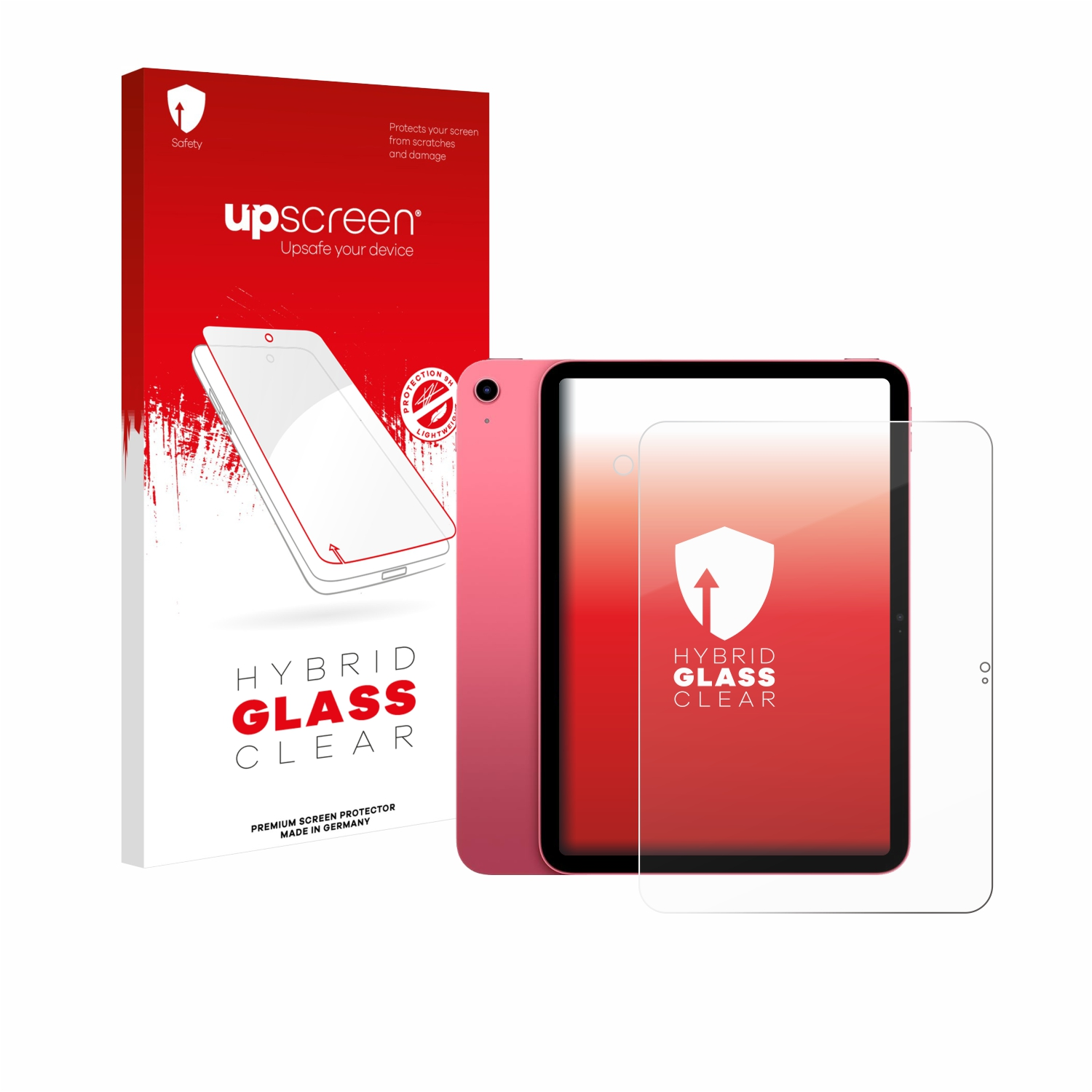 Ein Tablet mit Displayschutzfolie und Box. Die Box und das Tablet sind rot. Der Displayschutz ist klar.