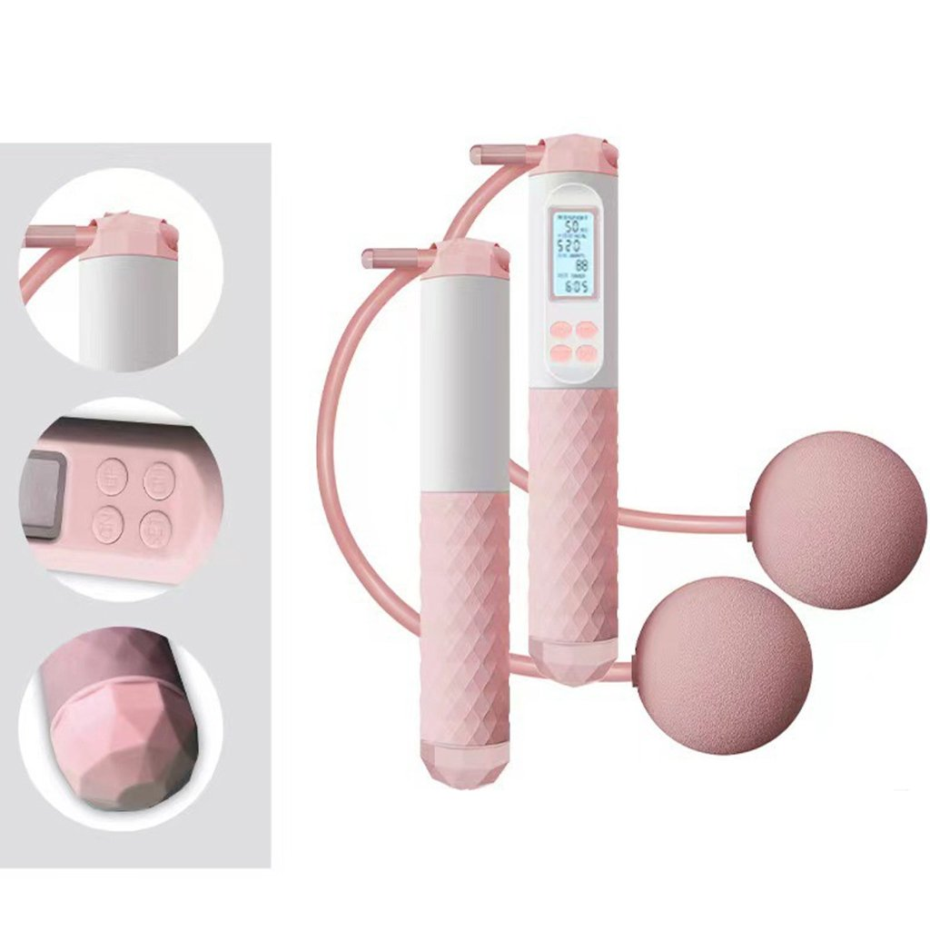 Ein rosa-weißes Springseil mit zwei Griffen und zwei rosa Kugeln. Der Griff hat eine Digitalanzeige mit Zahlen.