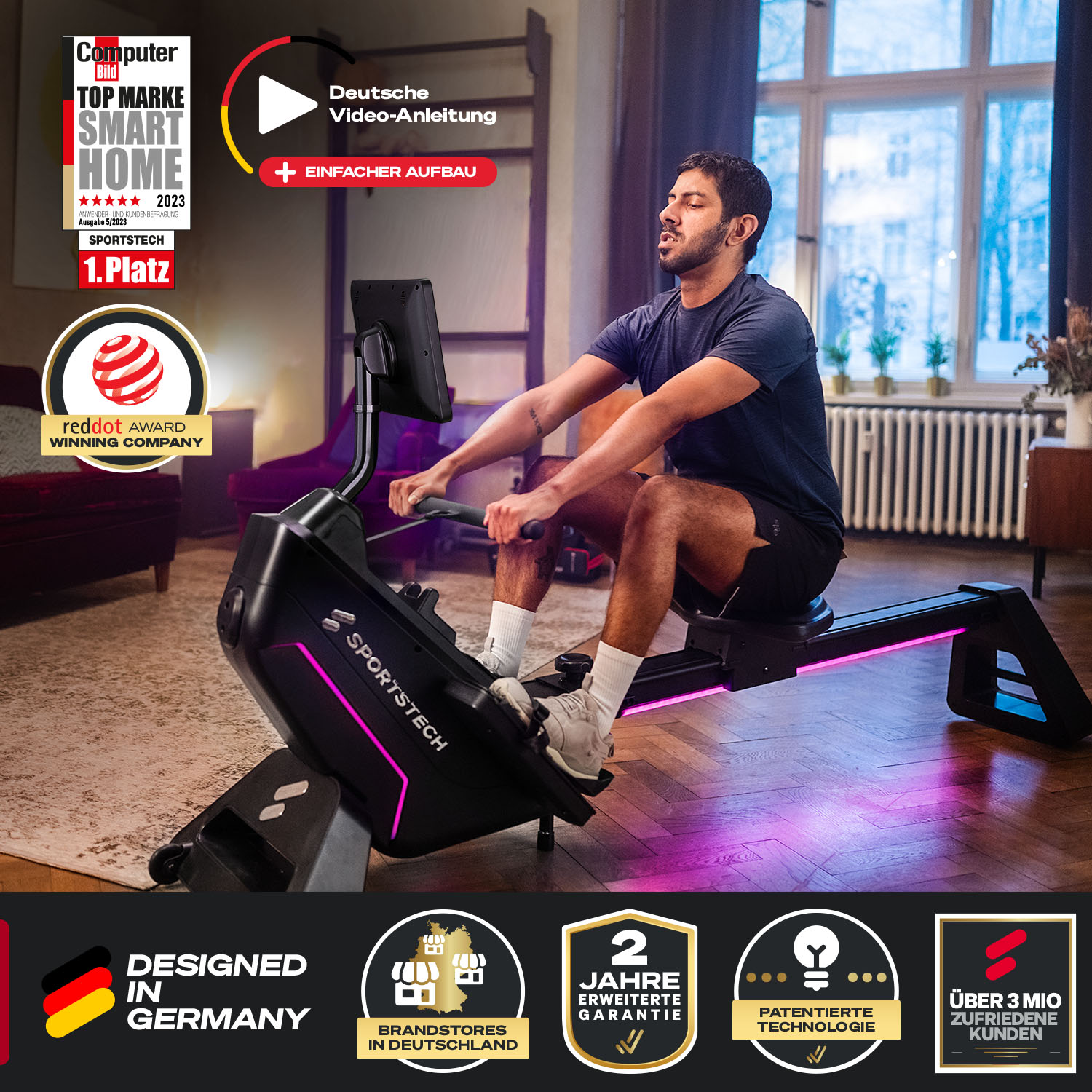 Ein Mann rudert auf einer SportsTech-Maschine. Im Hintergrund befinden sich Auszeichnungen und Logos.