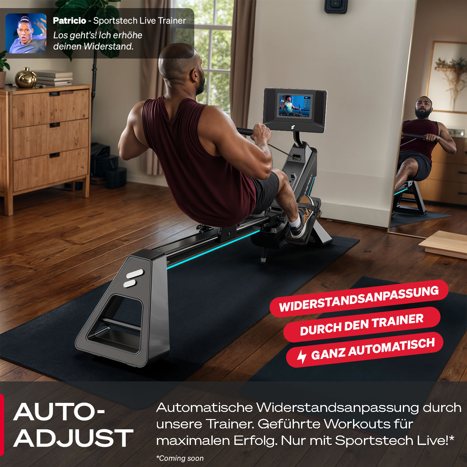 Mann rudert auf einer Maschine. Text sagt 'Auto-Adjust'. Der Bildschirm zeigt einen Trainer. Anderer Mann rudert im Spiegel.