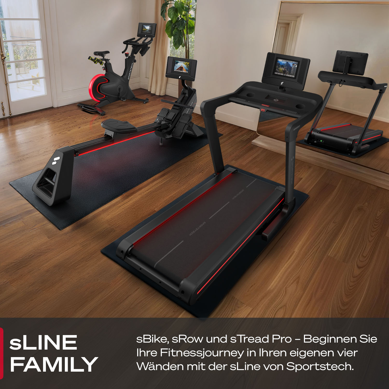 Fitnessgeräte: Laufband, Rudergerät und Heimtrainer. Alles schwarz mit roten Akzenten, auf Holzfußboden. Spiegel im Hintergrund.