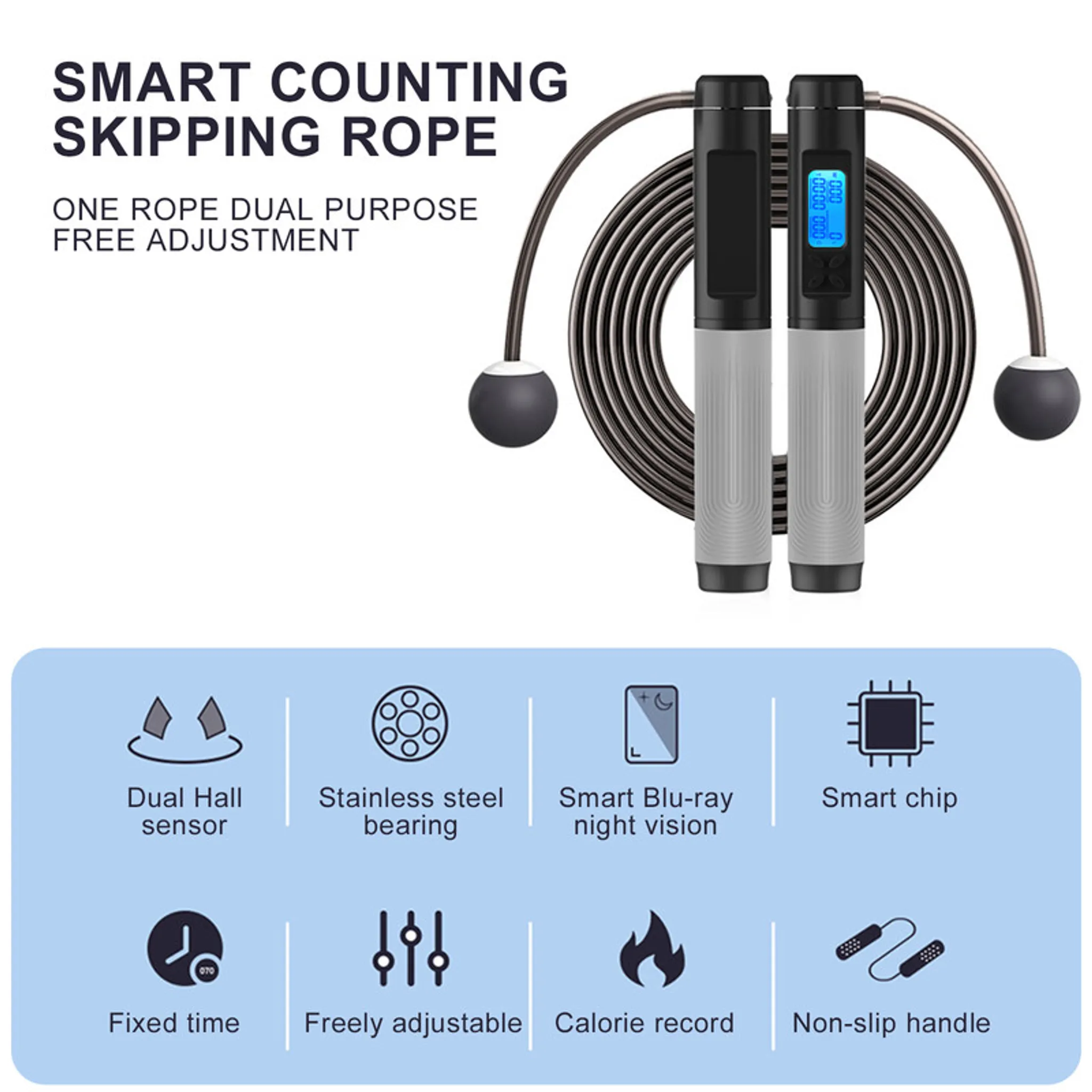 Ein intelligentes Springseil mit digitalem Zähler. Zu den Merkmalen gehören Dual-Hall-Sensor, Smart-Chip und rutschfeste Griffe.