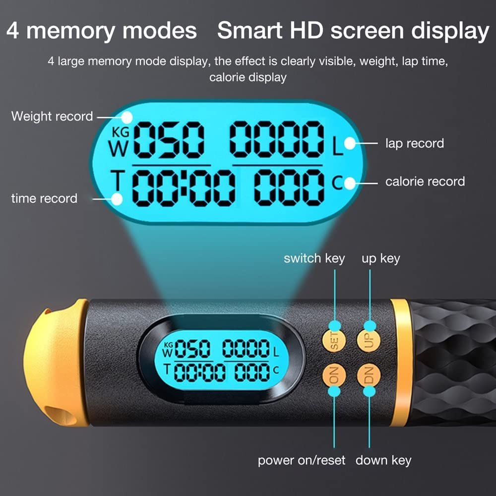 Digitaler Fitnesstracker, der Gewichts-, Zeit- und Kalorienaufzeichnungen anzeigt. Er hat Tasten für Strom, hoch, runter und einstellen.
