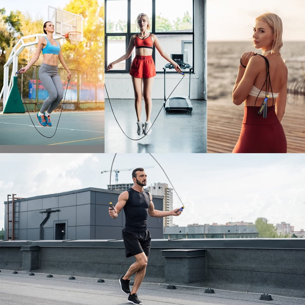 Vier Personen trainieren mit Springseilen. Eine Frau springt auf einem Basketballplatz. Eine andere in einem Fitnessstudio. Eine dritte am Strand. Ein Mann auf einem Dach.