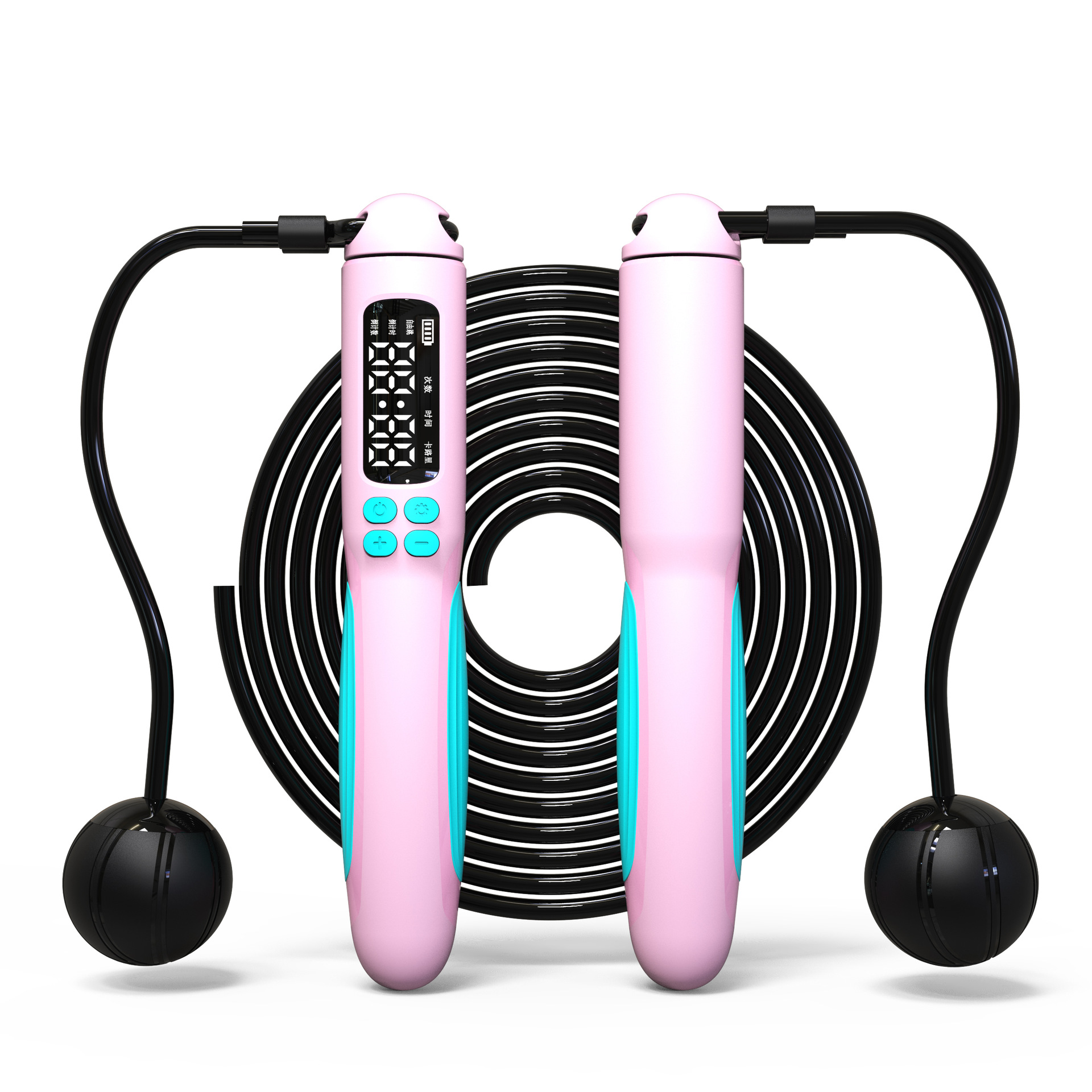 Ein rosa-blaues Springseil mit schwarzem Kabel. Die Griffe haben ein Digitaldisplay und Knöpfe. Das Seil ist aufgerollt.
