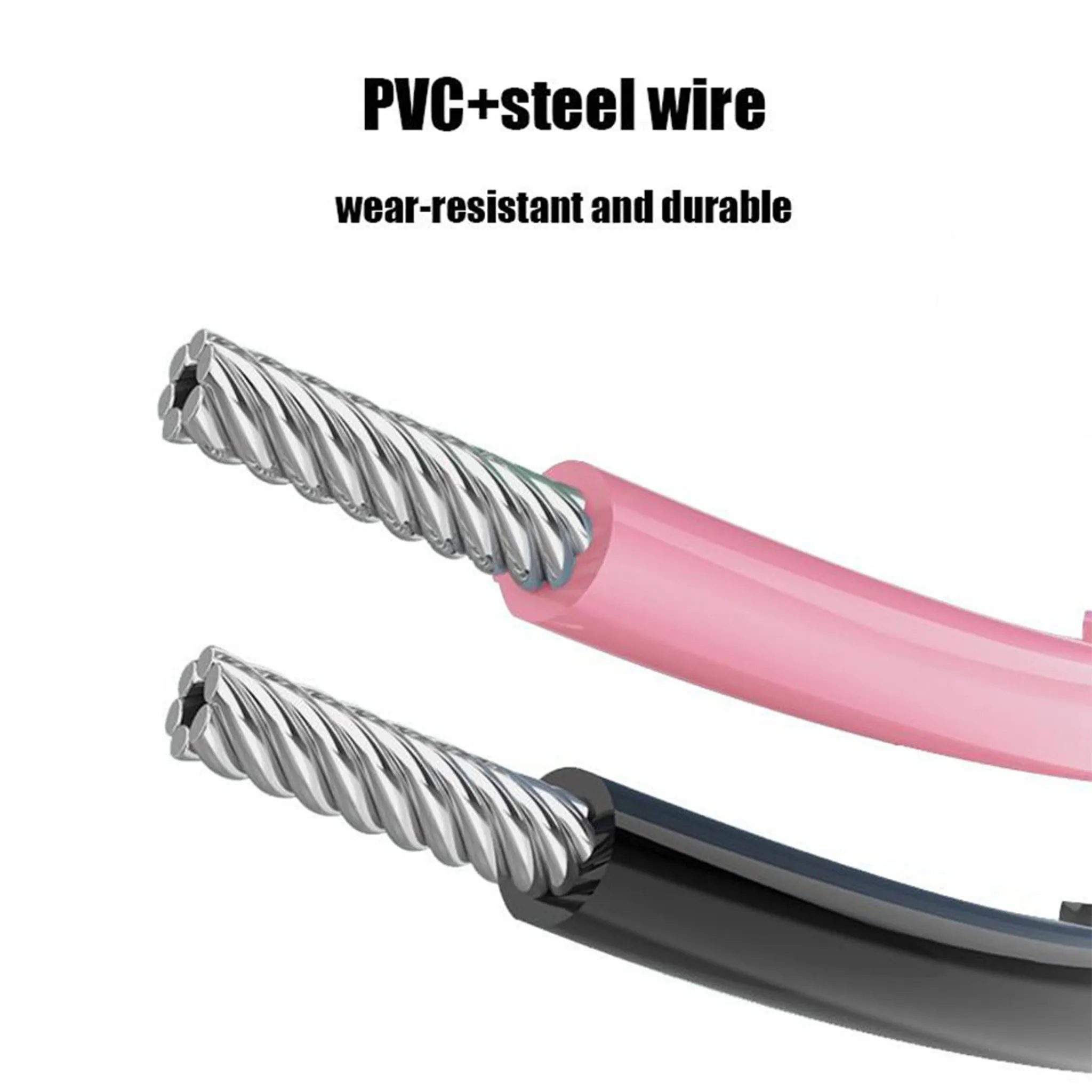 Nahaufnahme von Stahldraht mit rosa und schwarzer PVC-Beschichtung. Text: PVC+Stahldraht, verschleißfest und langlebig.