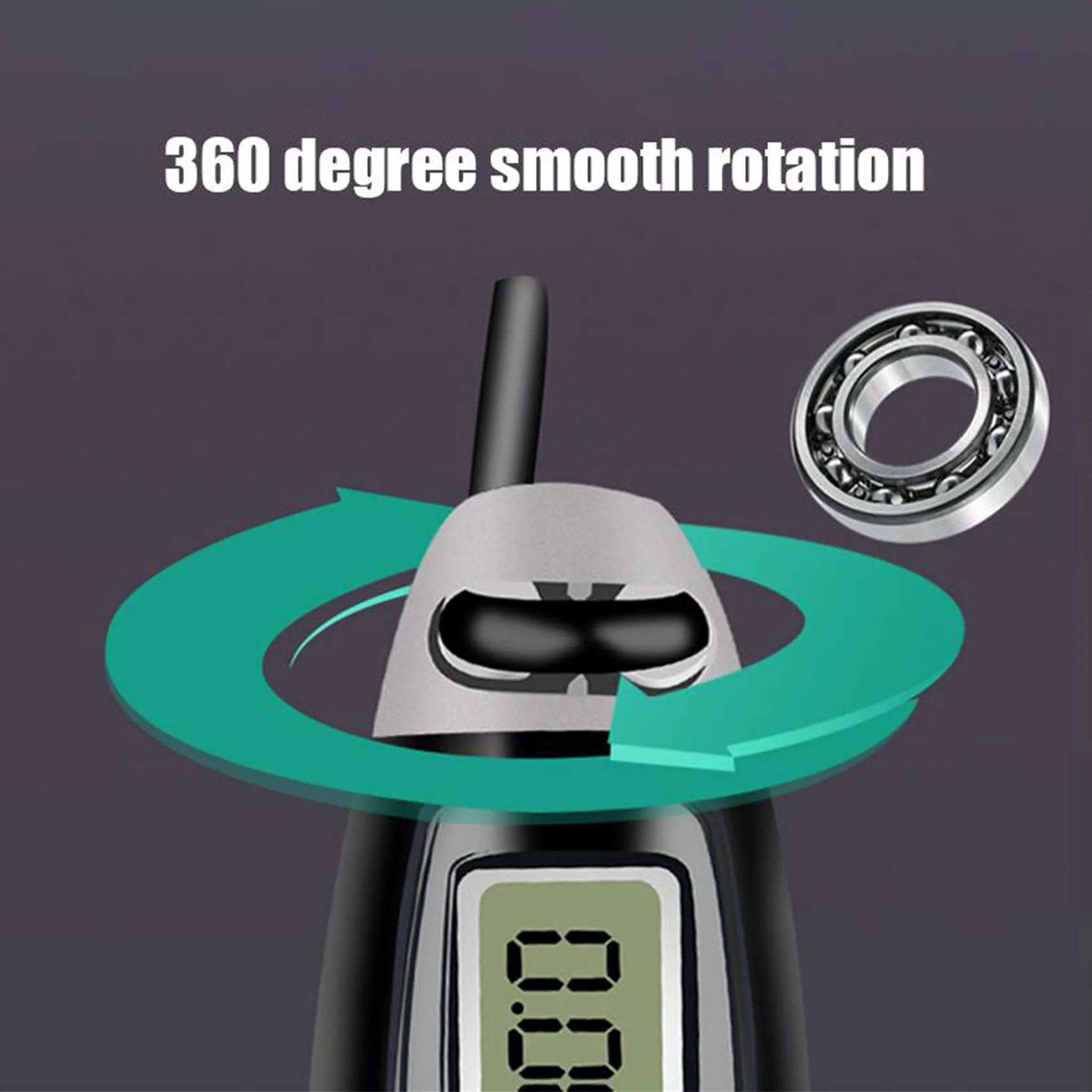 Ein digitales Springseil mit 360-Grad-Drehung, einem grünen Pfeil und einem Lager. Das Display zeigt die Zahl 0,0.