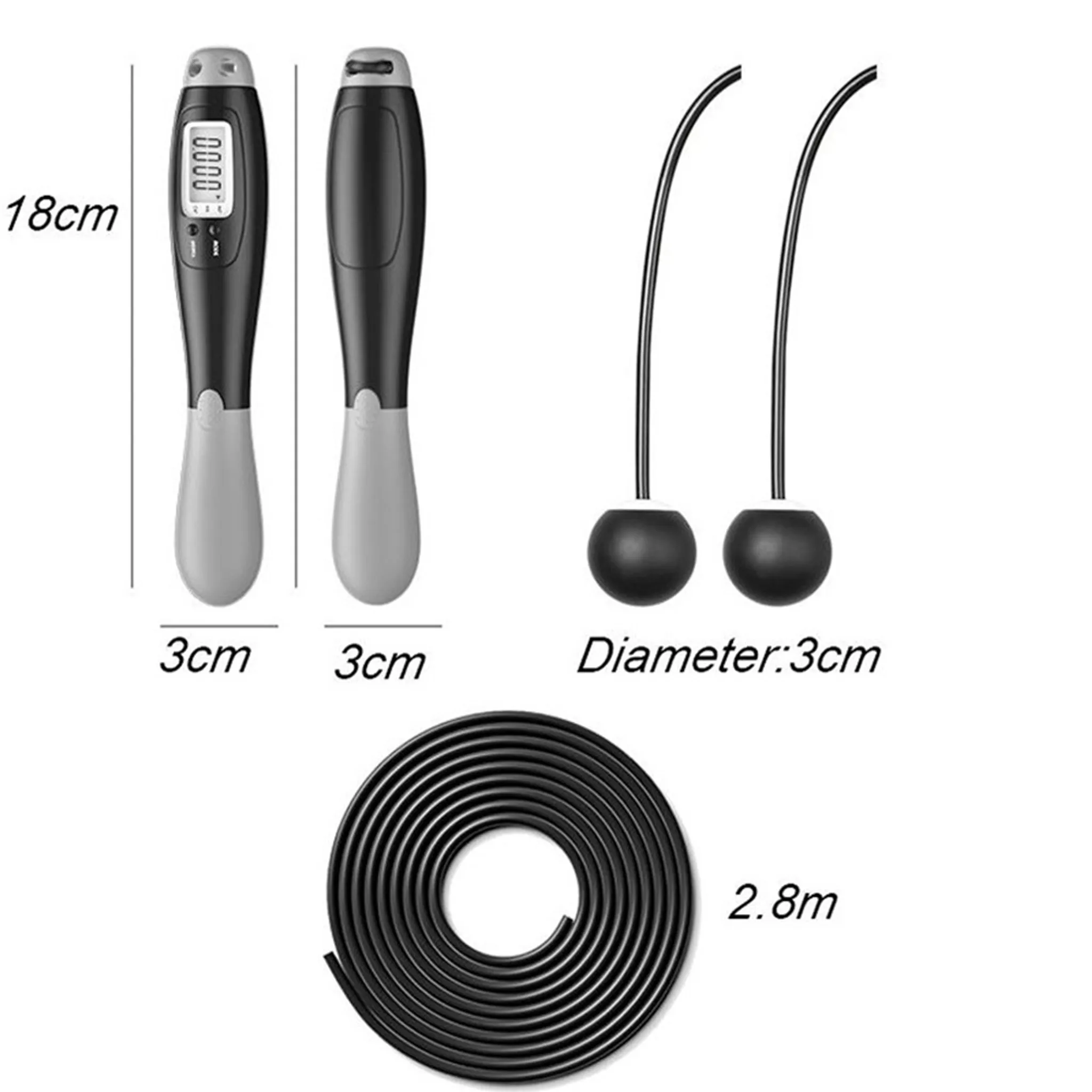 Ein Fitness-Set: zwei schwarze Springseile, zwei Griffe und ein aufgerolltes schwarzes Seil mit angegebenen Abmessungen.