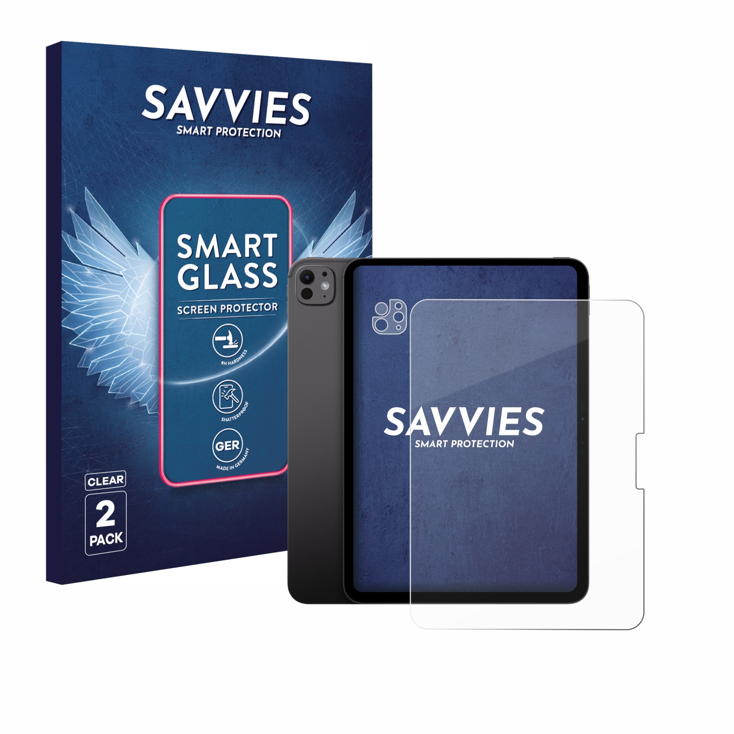 Eine Displayschutzbox und ein Tablet mit Schutzfolie. Auf der Box steht Savvies Smart Glass. Das Tablet ist schwarz und hat eine klare Schutzfolie.