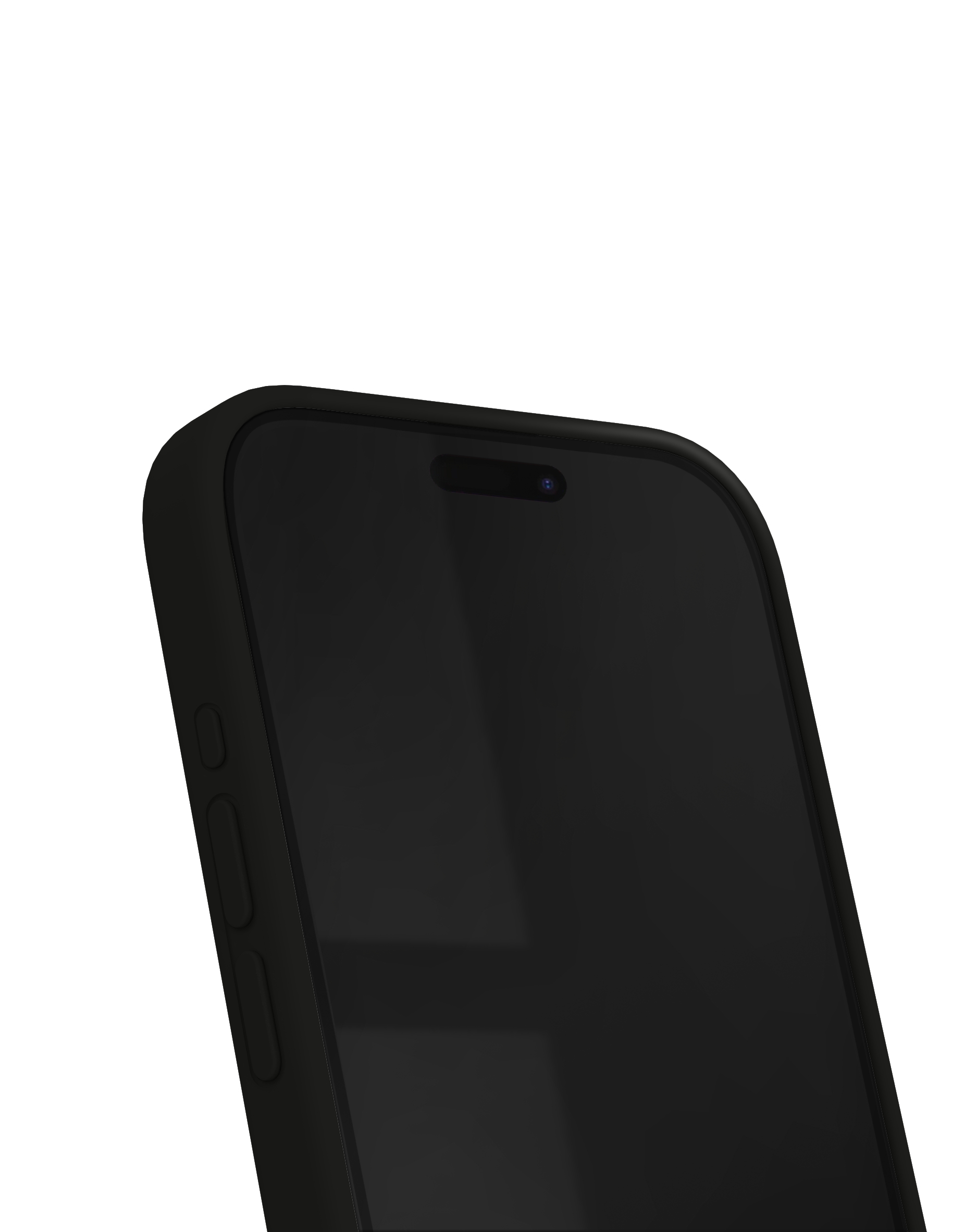 Nahaufnahme eines schwarzen Smartphones. Der Bildschirm ist dunkel. Knöpfe sind sichtbar. Weißer Hintergrund.
