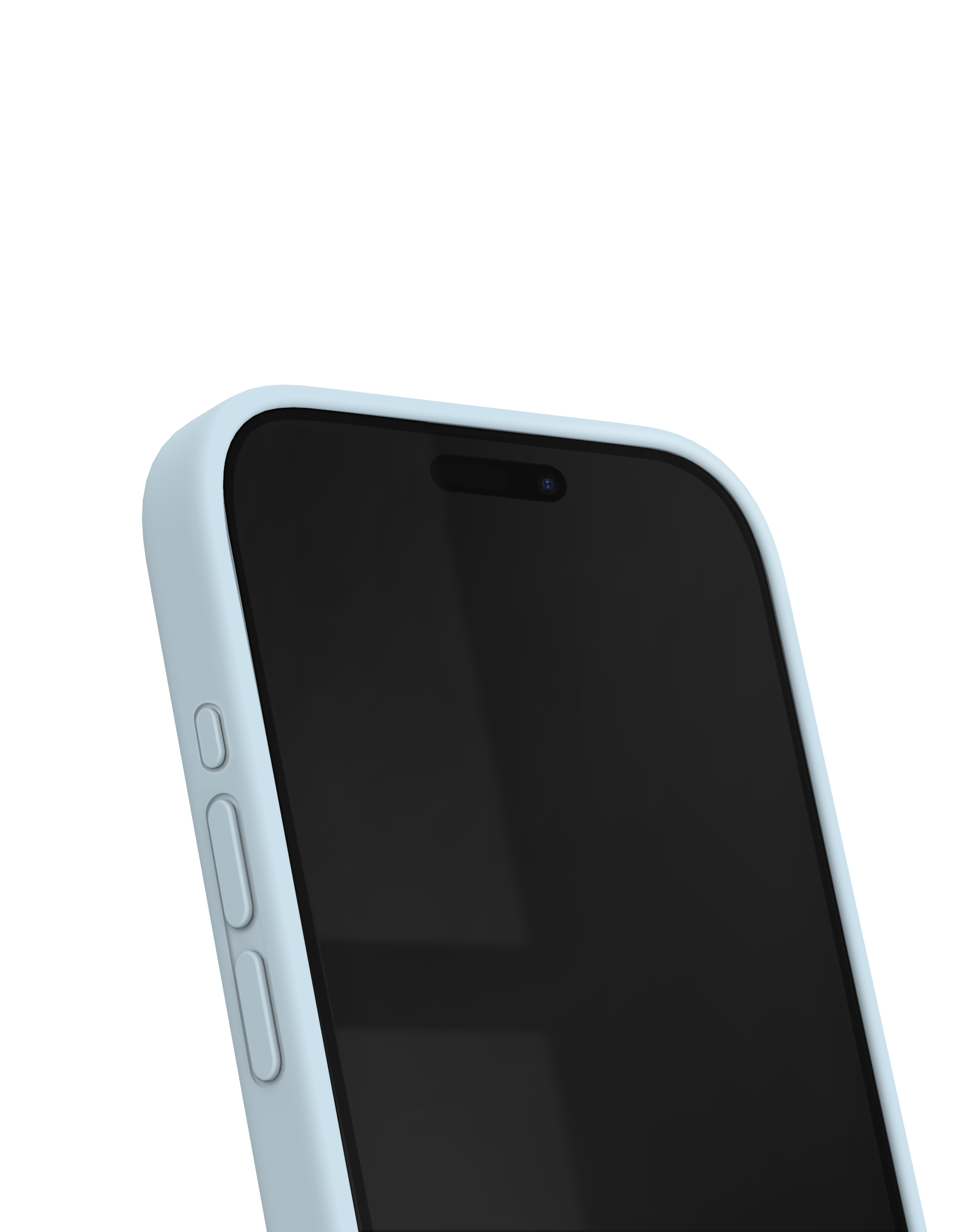 Nahaufnahme eines Smartphones in einem hellblauen Gehäuse. Der Bildschirm ist schwarz. Knöpfe sind an der Seite.