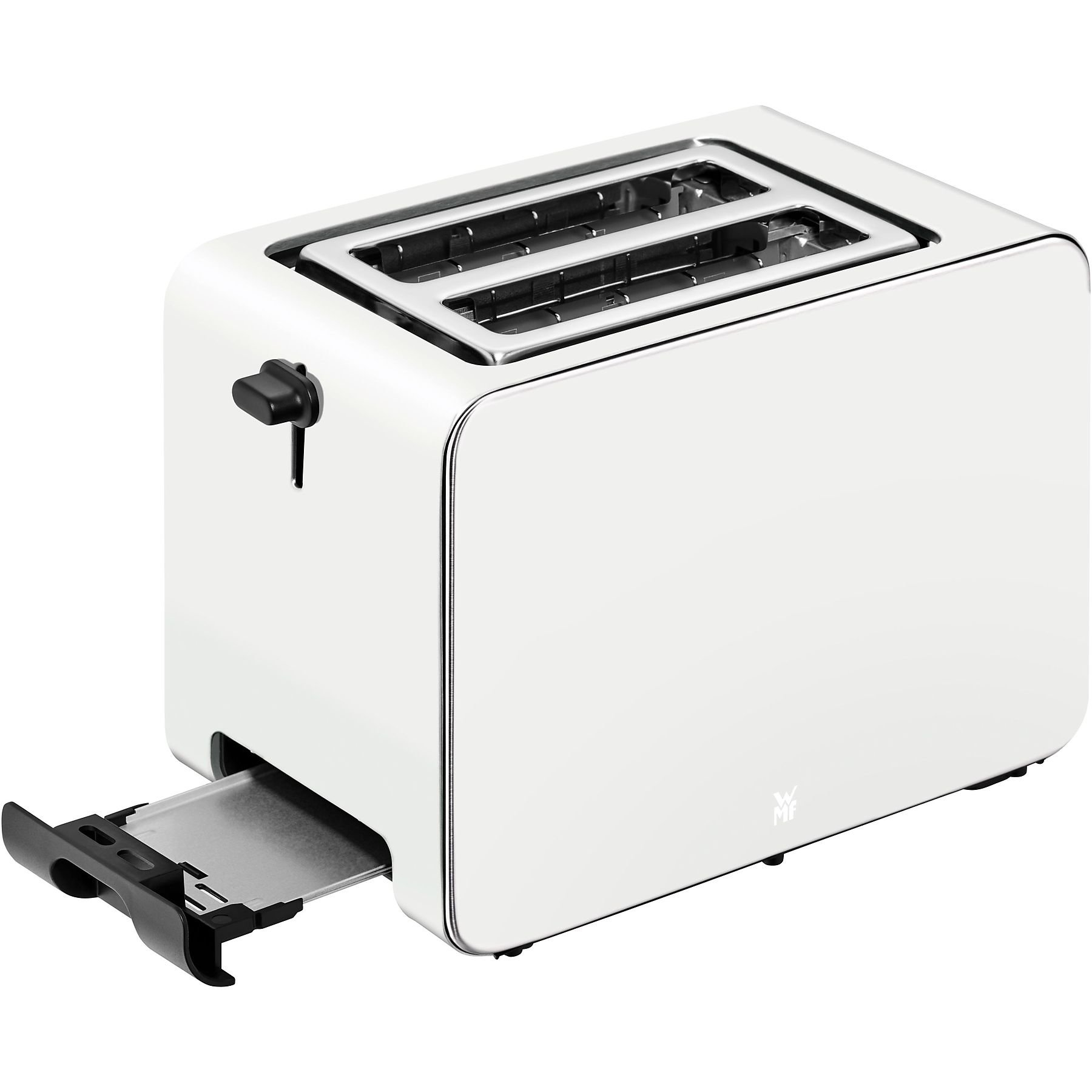 Ein weißer Toaster mit zwei Schlitzen, einem schwarzen Hebel und einer herausgezogenen Krümelschublade.
