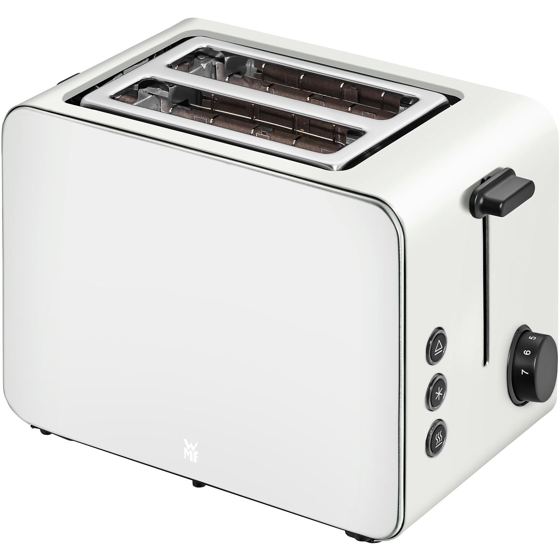 Ein weißer Toaster mit zwei Schlitzen, einem Hebel und einem Drehregler mit den Zahlen 5, 6 und 7. Es gibt drei Knöpfe.