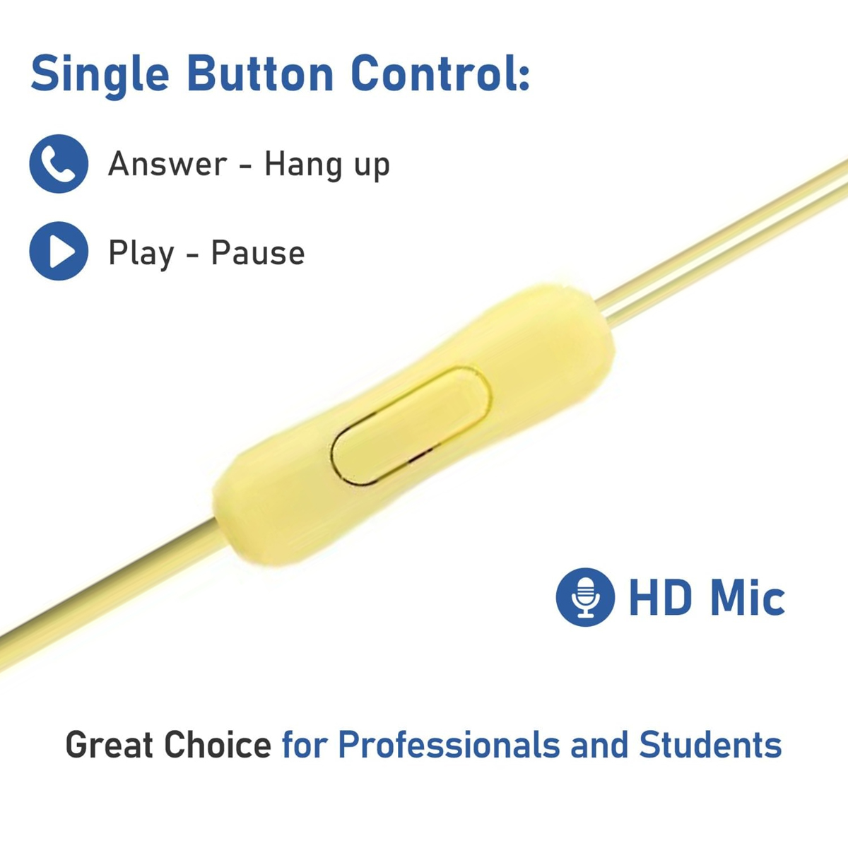 Gelbes Inline-Mikrofon mit einer Taste. Text: Single Button Control, Annehmen/Auflegen, Abspielen/Pause, HD-Mikrofon, Große Wahl für Profis.