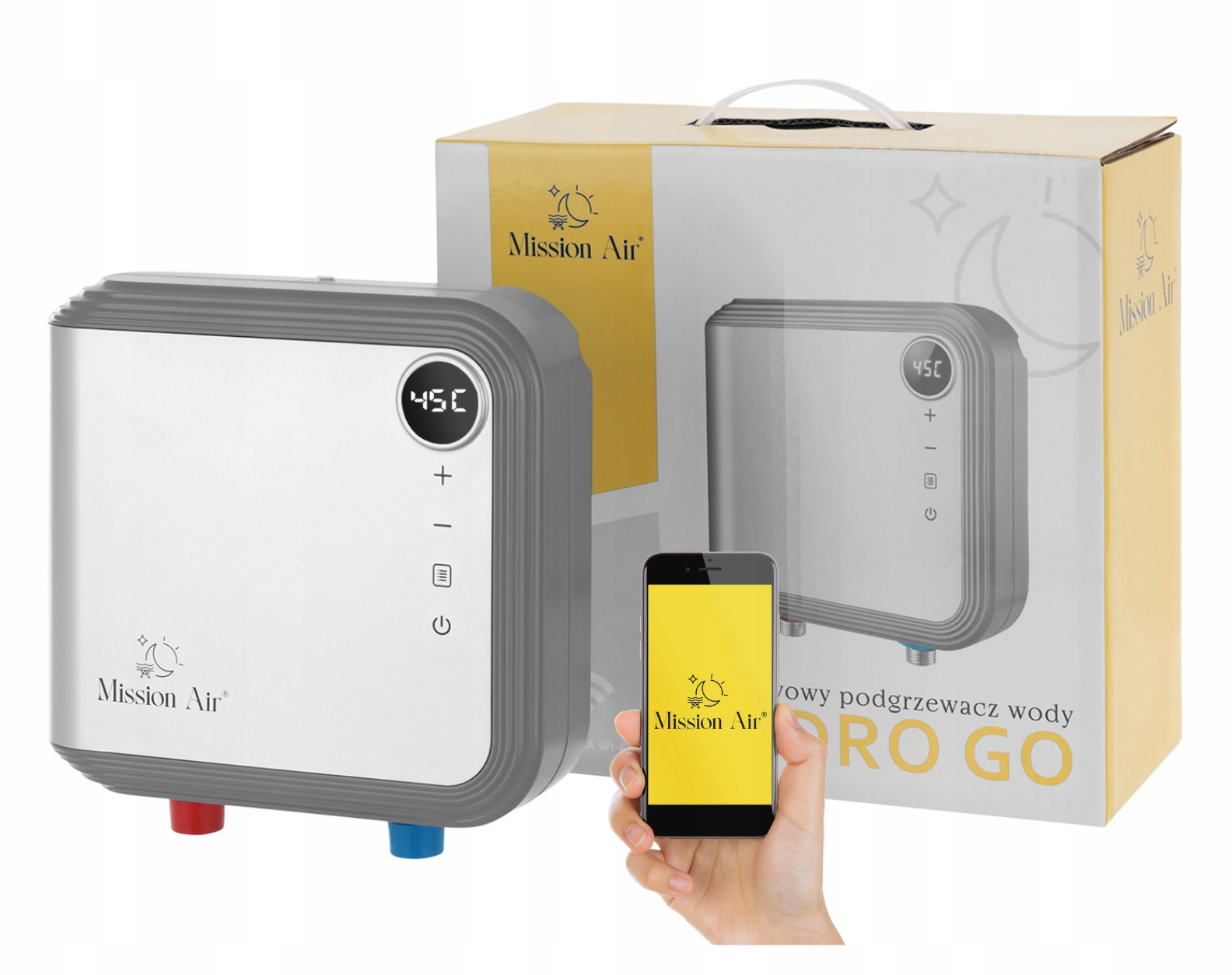 Biały i szary podgrzewacz wody, pudełko i smartfon. Telefon wyświetla logo Mission Air.
