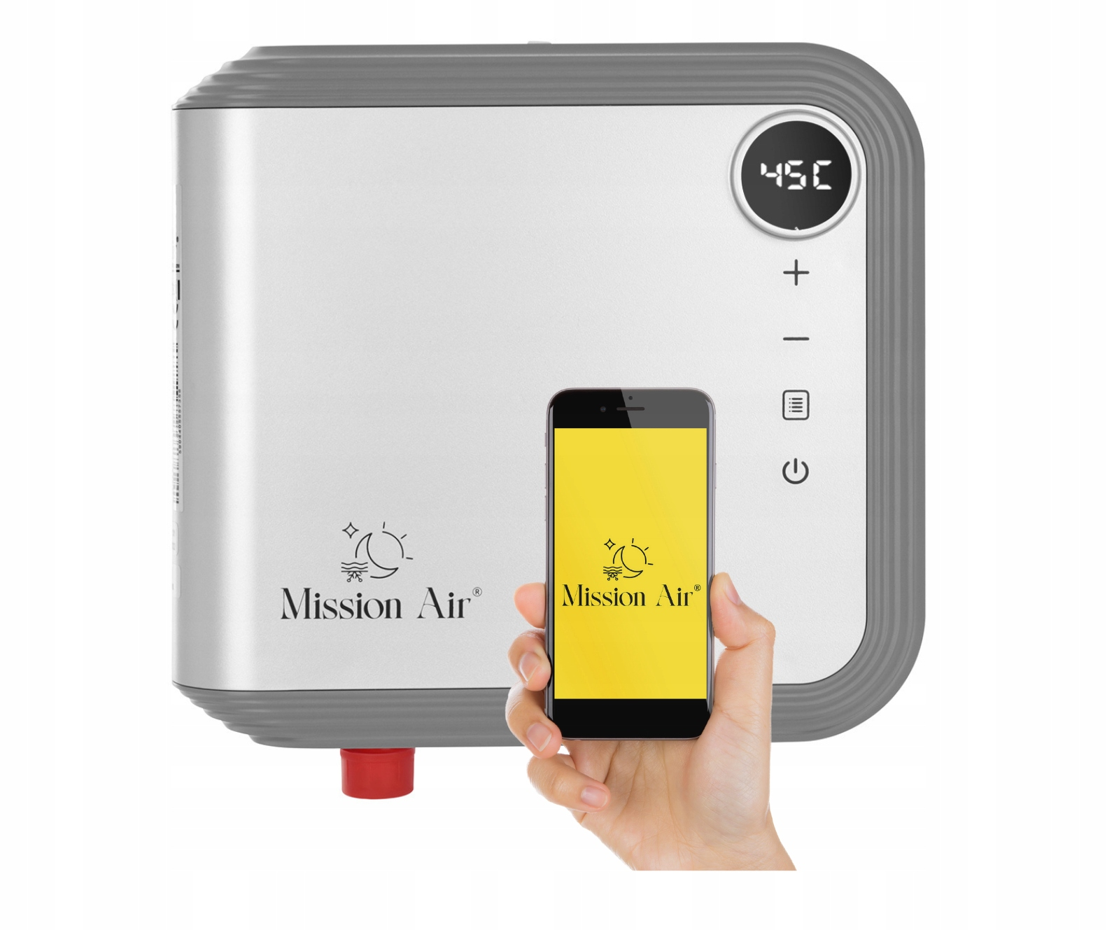 Białe i szare urządzenie Mission Air z telefonem wyświetlającym logo. Telefon jest w dłoni.