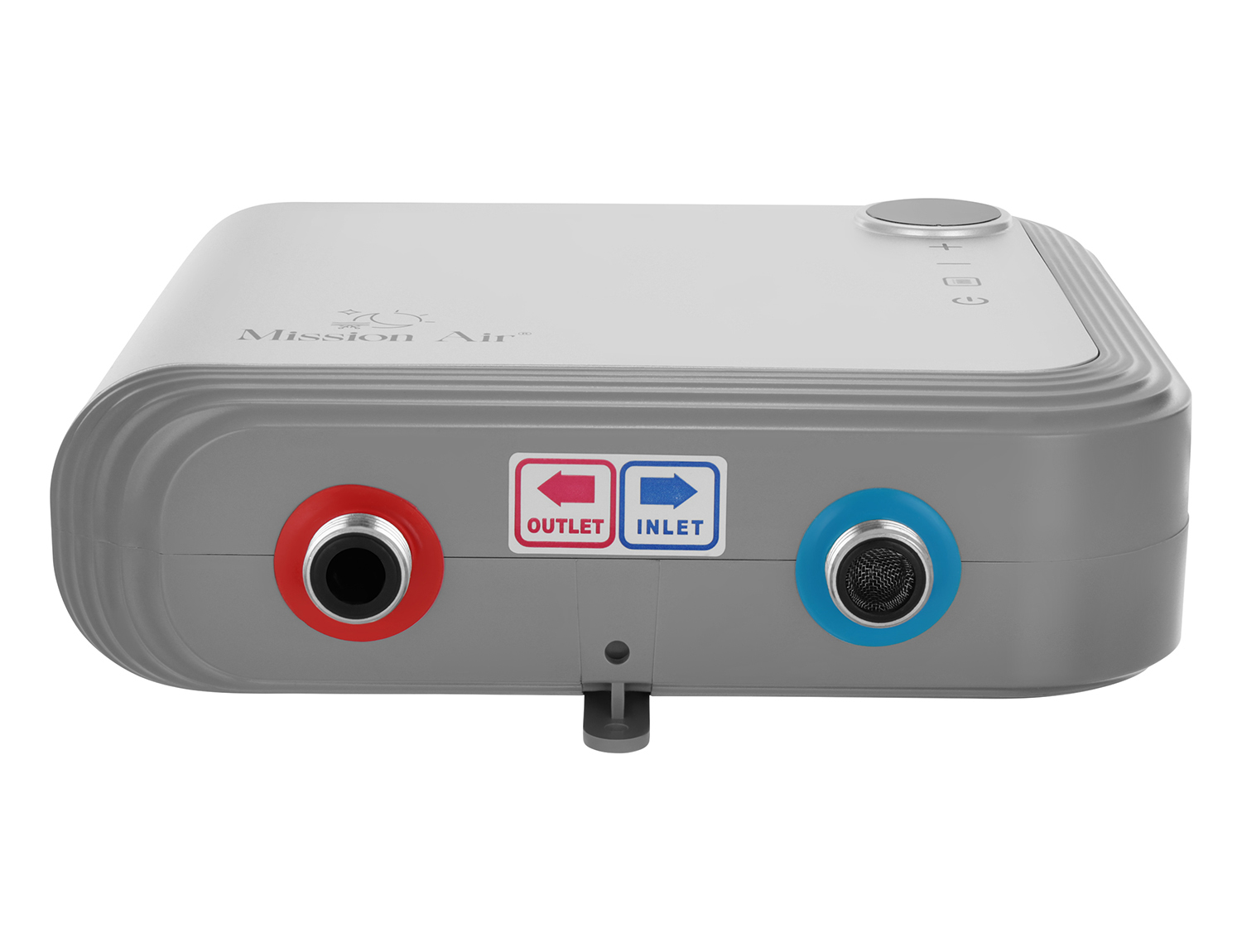 Szare urządzenie Mission Air z czerwonymi i niebieskimi portami oznaczonymi jako wylot i wlot. Posiada przycisk zasilania.