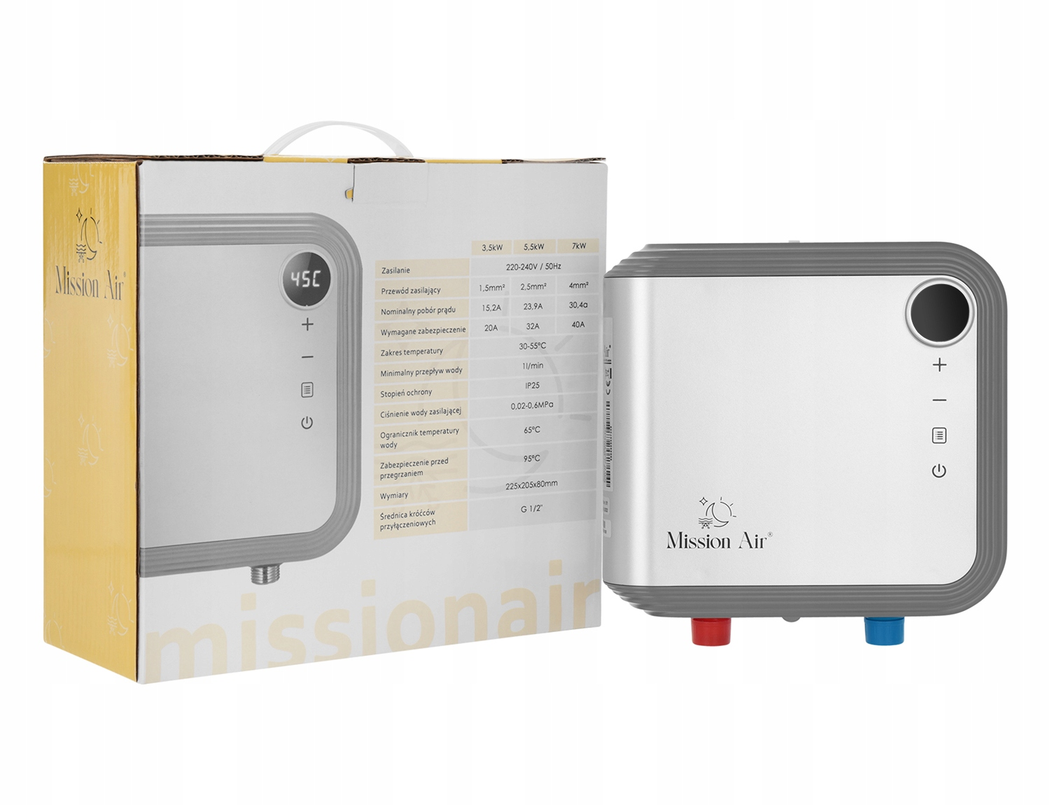 Biały i szary podgrzewacz wody Mission Air. Ma ekran LCD i różne przyciski sterowania. Jest też pudełko.