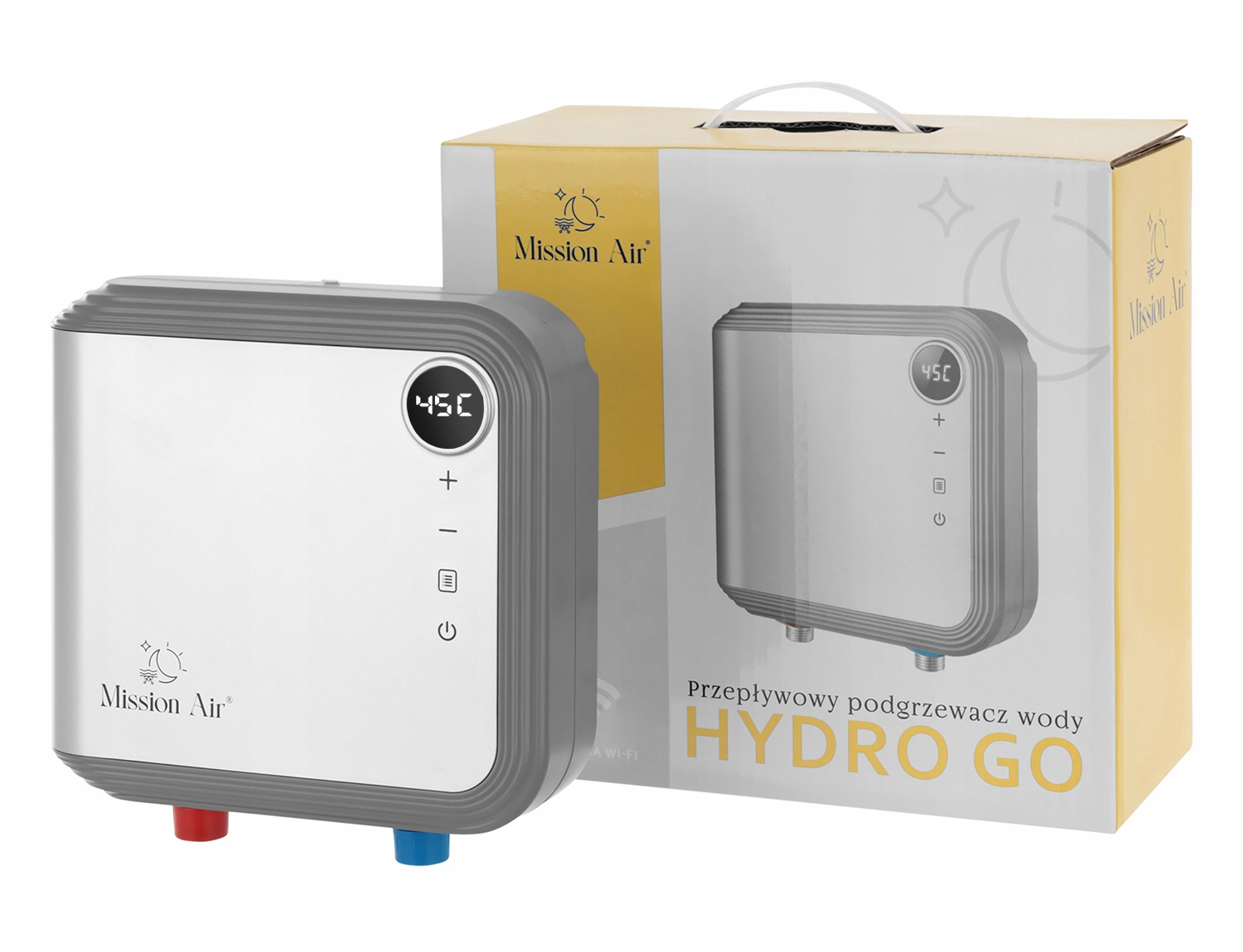 Biały i szary podgrzewacz wody z cyfrowym wyświetlaczem pokazującym 45C. Obok znajduje się pudełko z tym samym obrazem.