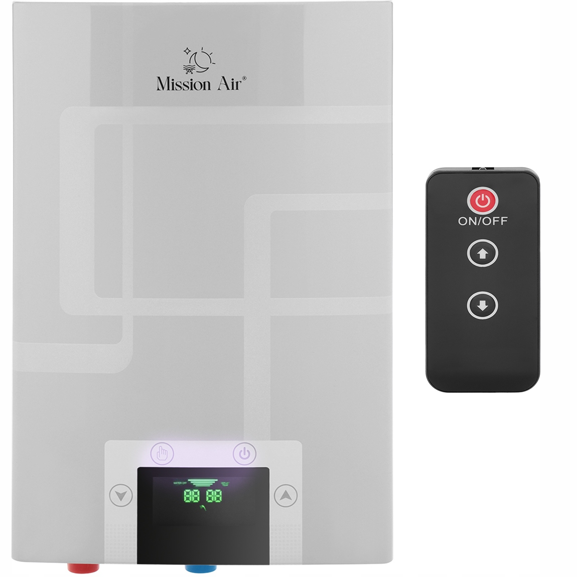 Biały podgrzewacz wody Mission Air z cyfrowym wyświetlaczem i czarnym pilotem.