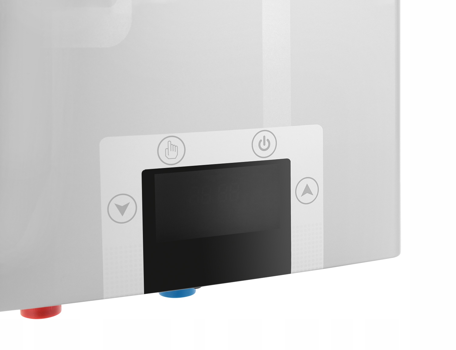 Zbliżenie białego urządzenia z cyfrowym wyświetlaczem i przyciskami sterowania. Na dole znajdują się czerwone i niebieskie przyciski.