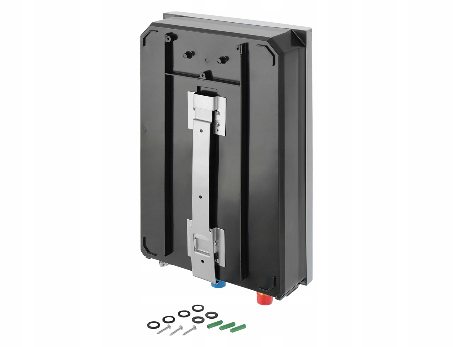 Czarny tylny panel podgrzewacza wody z wspornikiem montażowym, śrubami i złączkami. Widoczne niebieskie, czerwone rury. Białe tło.