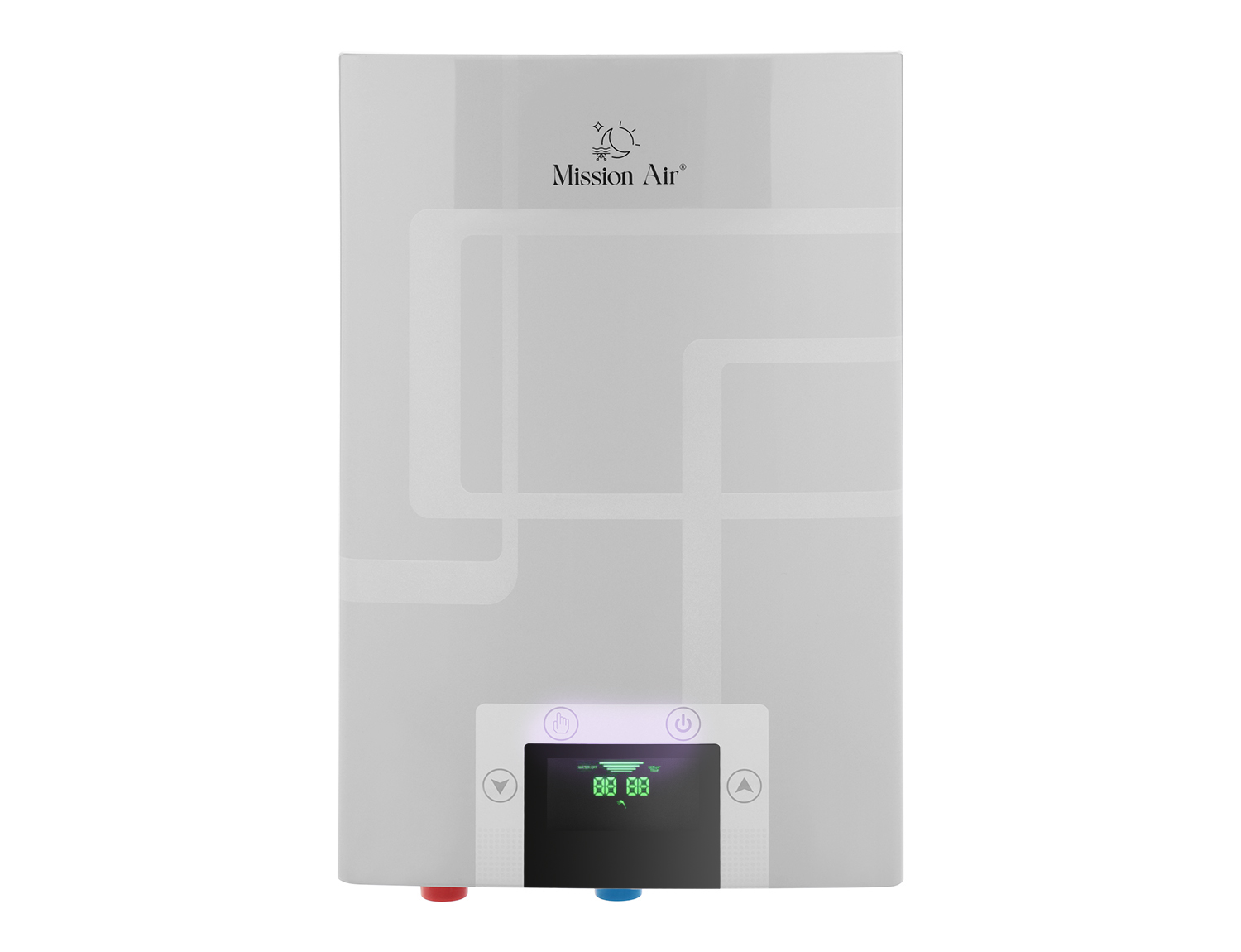 Biały podgrzewacz wody Mission Air. Posiada cyfrowy wyświetlacz z napisem '88 88'. Na dole znajdują się czerwone i niebieskie rury.