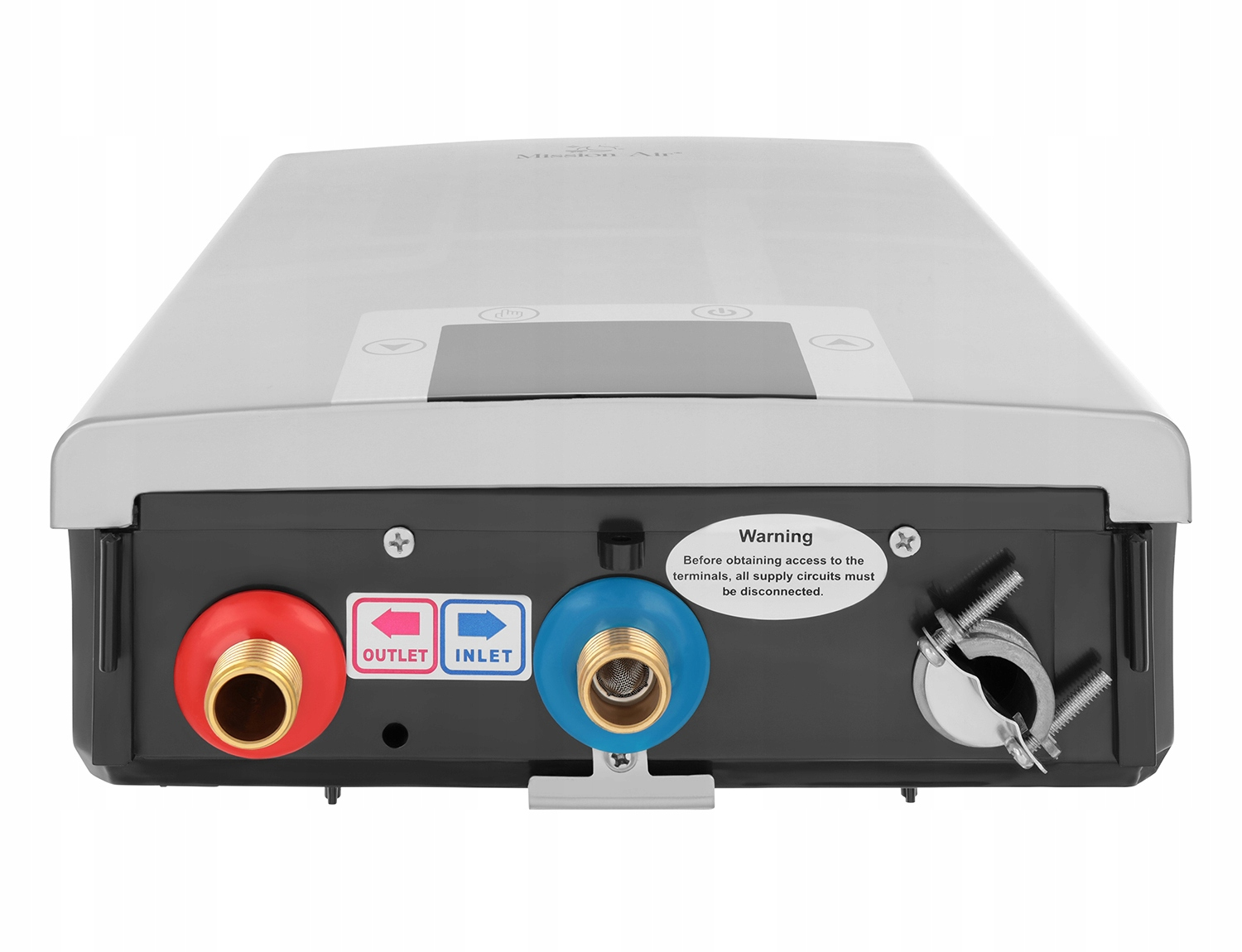 Zbliżenie podgrzewacza wody z czerwonymi i niebieskimi złączami oznaczonymi jako wylot i wlot. Widoczna etykieta ostrzegawcza.