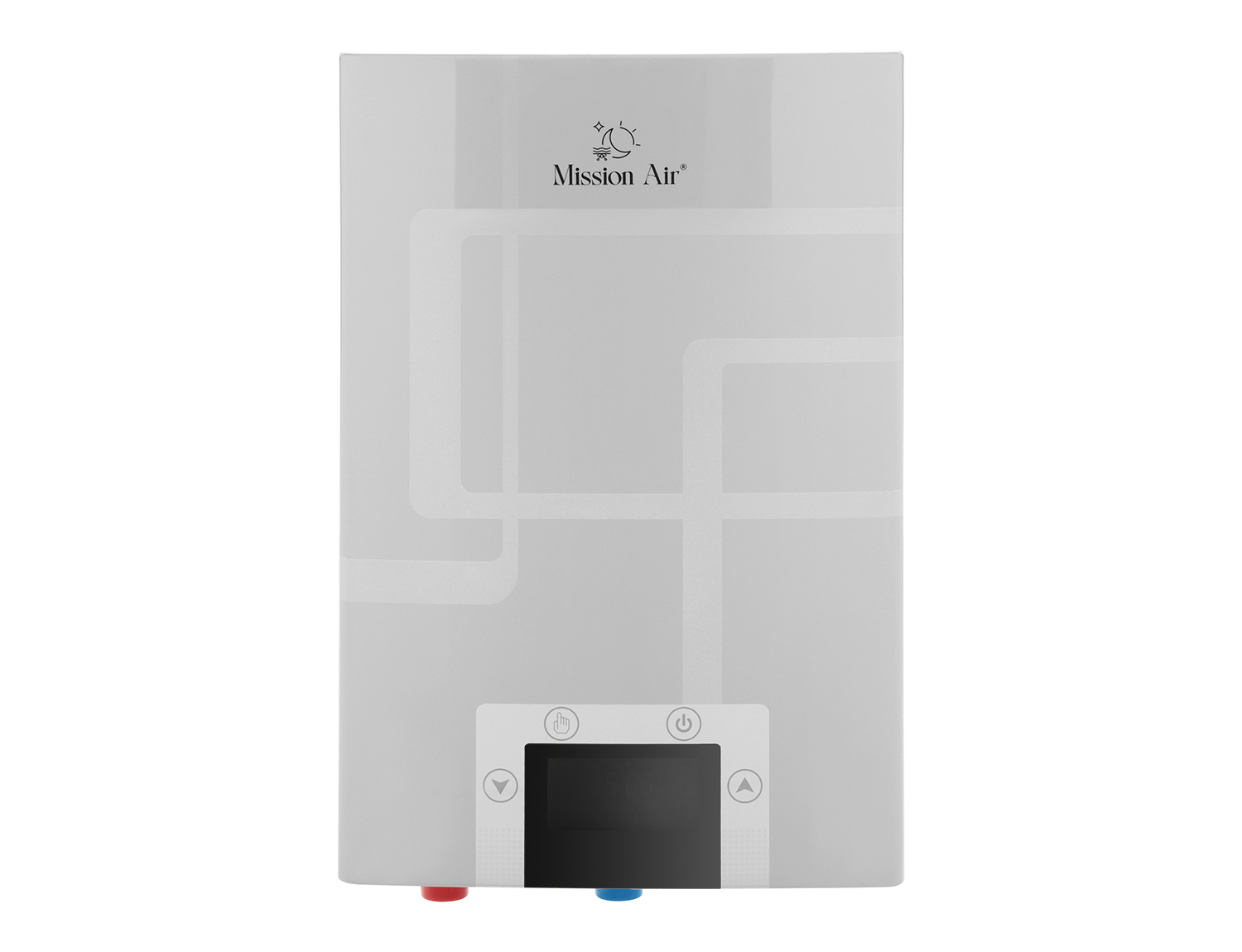 Biały podgrzewacz wody Mission Air. Ma mały ekran i przyciski sterowania. Czerwone i niebieskie zawory na dole.