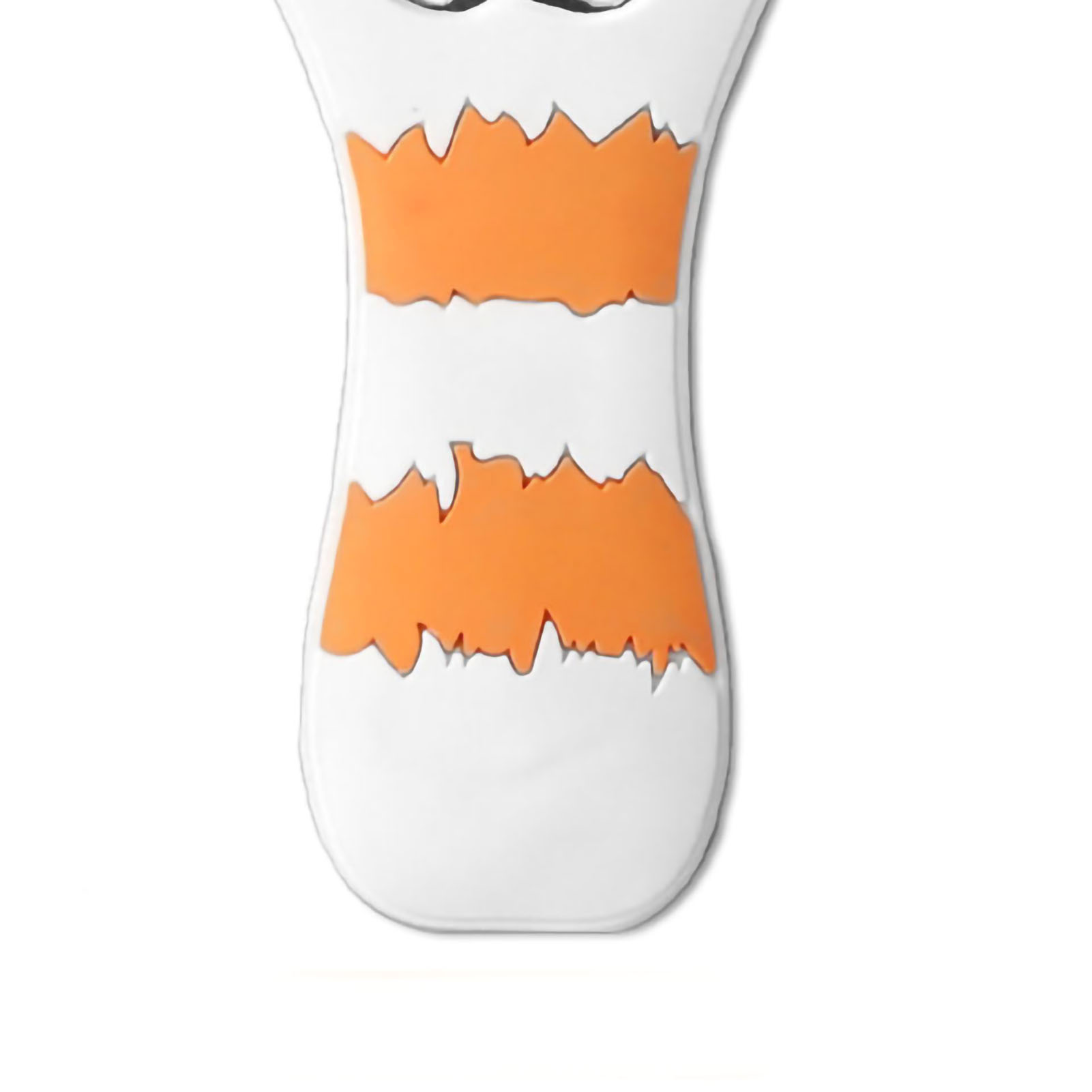 Ein weißer Flaschenöffner mit orangefarbenen Streifen. Der obere Teil ist schwarz.