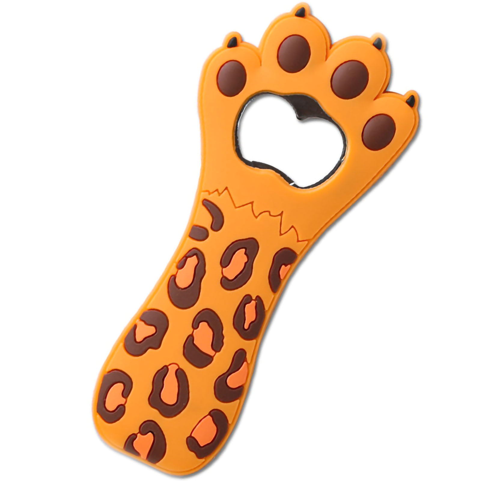 Ein orangefarbener Flaschenöffner in Form einer Leopardenpfote mit braunen Flecken und einer herzförmigen Öffnung.