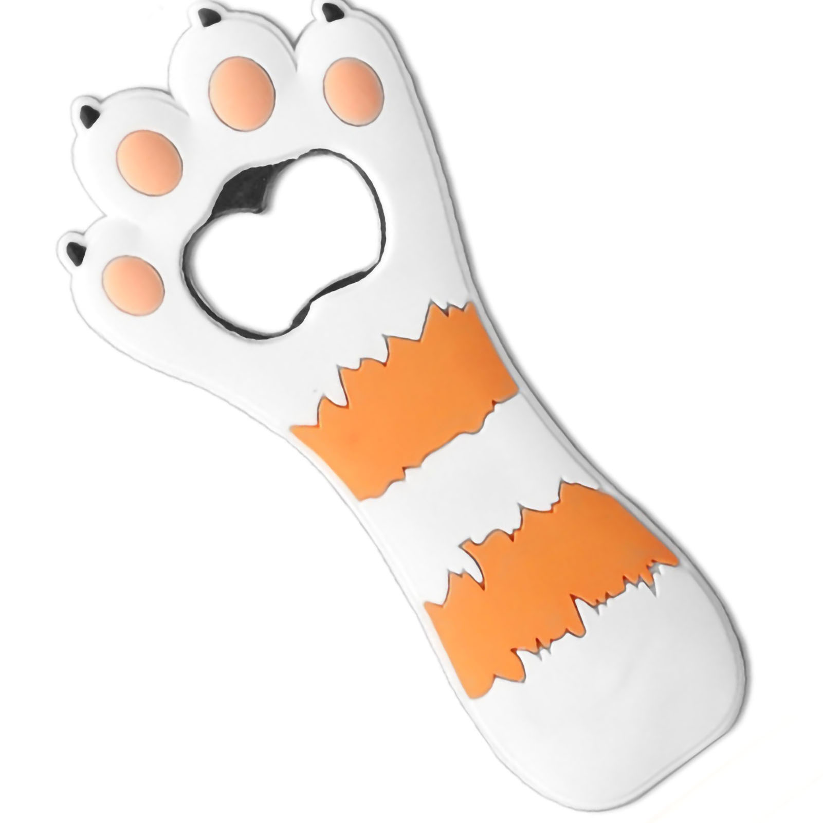 Ein weißer Katzenpfoten-Flaschenöffner mit orangefarbenen Streifen, einer schwarzen Öffnung und hellorangen Pfotenballen.