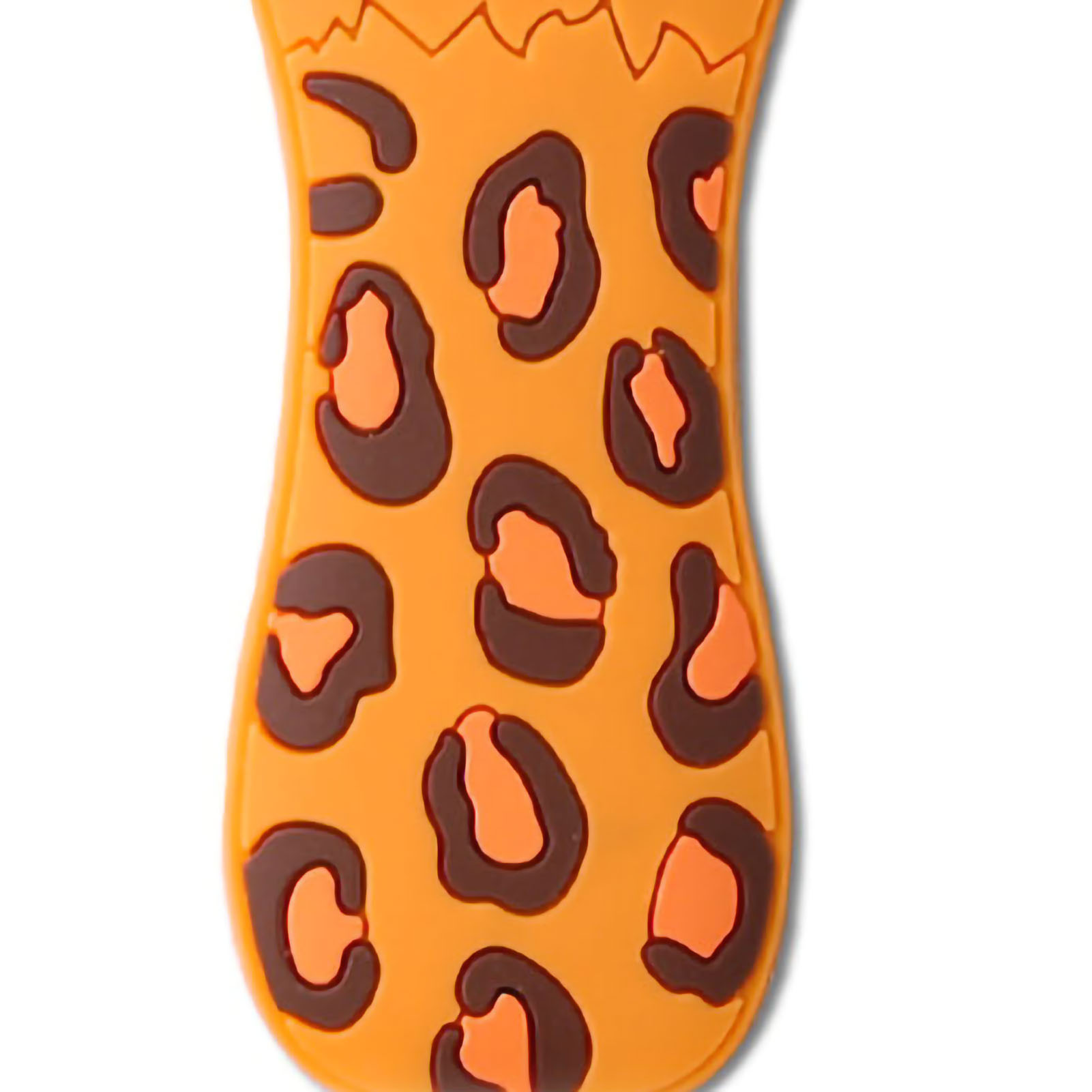 Ein orangefarbenes, ovales Objekt mit braunen und orangefarbenen Flecken, das einem Leopardenmuster ähnelt, vor weißem Hintergrund.