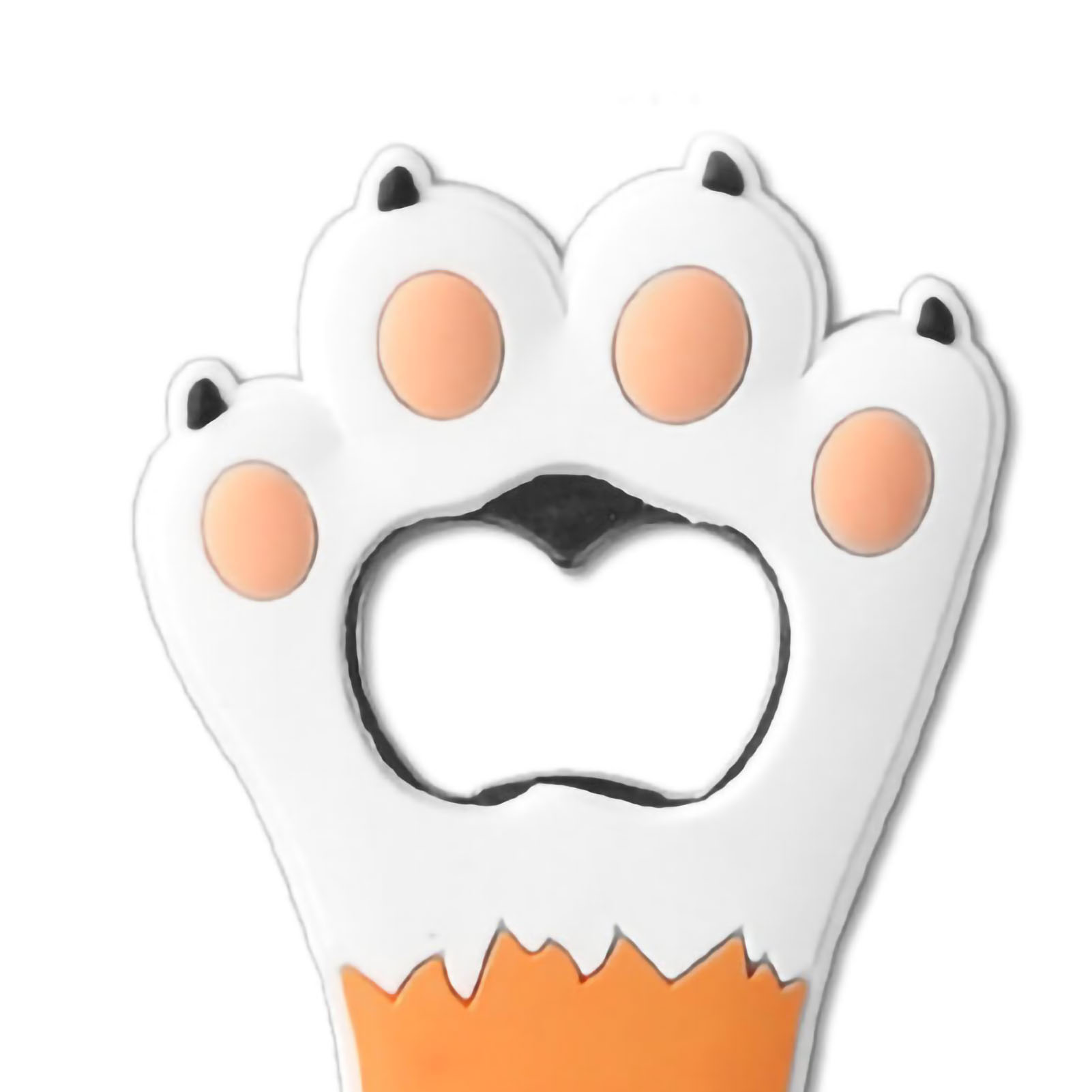 Ein weißer, pfotenförmiger Flaschenöffner mit orangefarbenen Pads und schwarzen Akzenten, eine schwarze Öffnung und ein weißer Hintergrund.