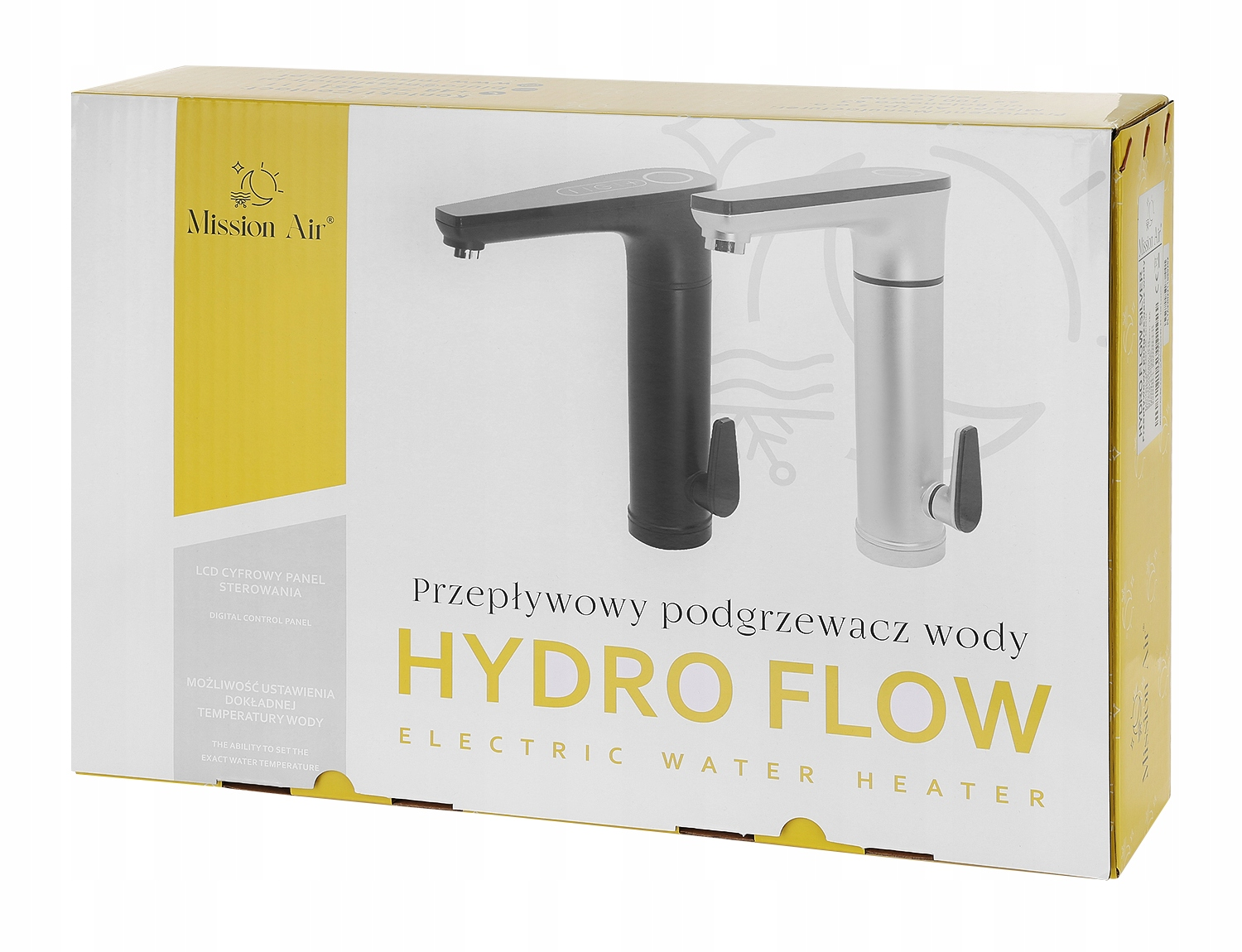 Pudełko z dwoma podgrzewaczami wody, czarnym i srebrnym. Na pudełku napis: 'HYDRO FLOW ELECTRIC WATER HEATER'.