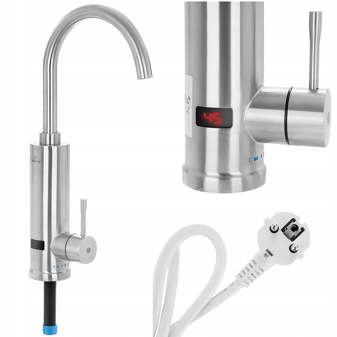 Metalowa bateria z cyfrowym wyświetlaczem pokazującym 45. Widoczny jest również biały przewód zasilający i wtyczka. Bateria wykonana jest ze stali nierdzewnej.