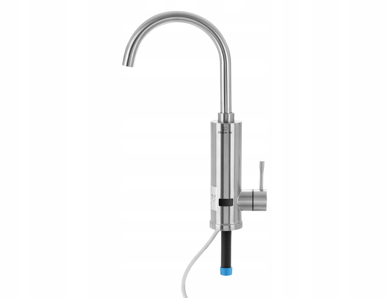 Stalowa bateria kuchenna ze zakrzywioną wylewką i uchwytem dźwigniowym. Podstawa ma czarny i niebieski element.