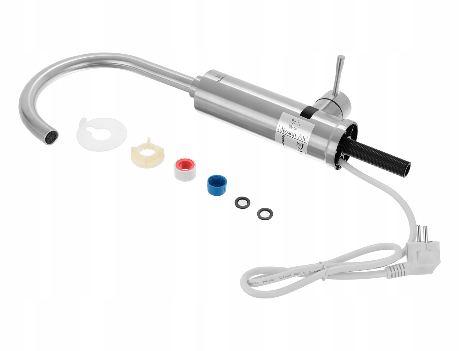 Przedstawiono chromowaną baterię z zakrzywioną wylewką i dźwignią. Obecne są również różne elementy, takie jak podkładki i kolorowe złącza.