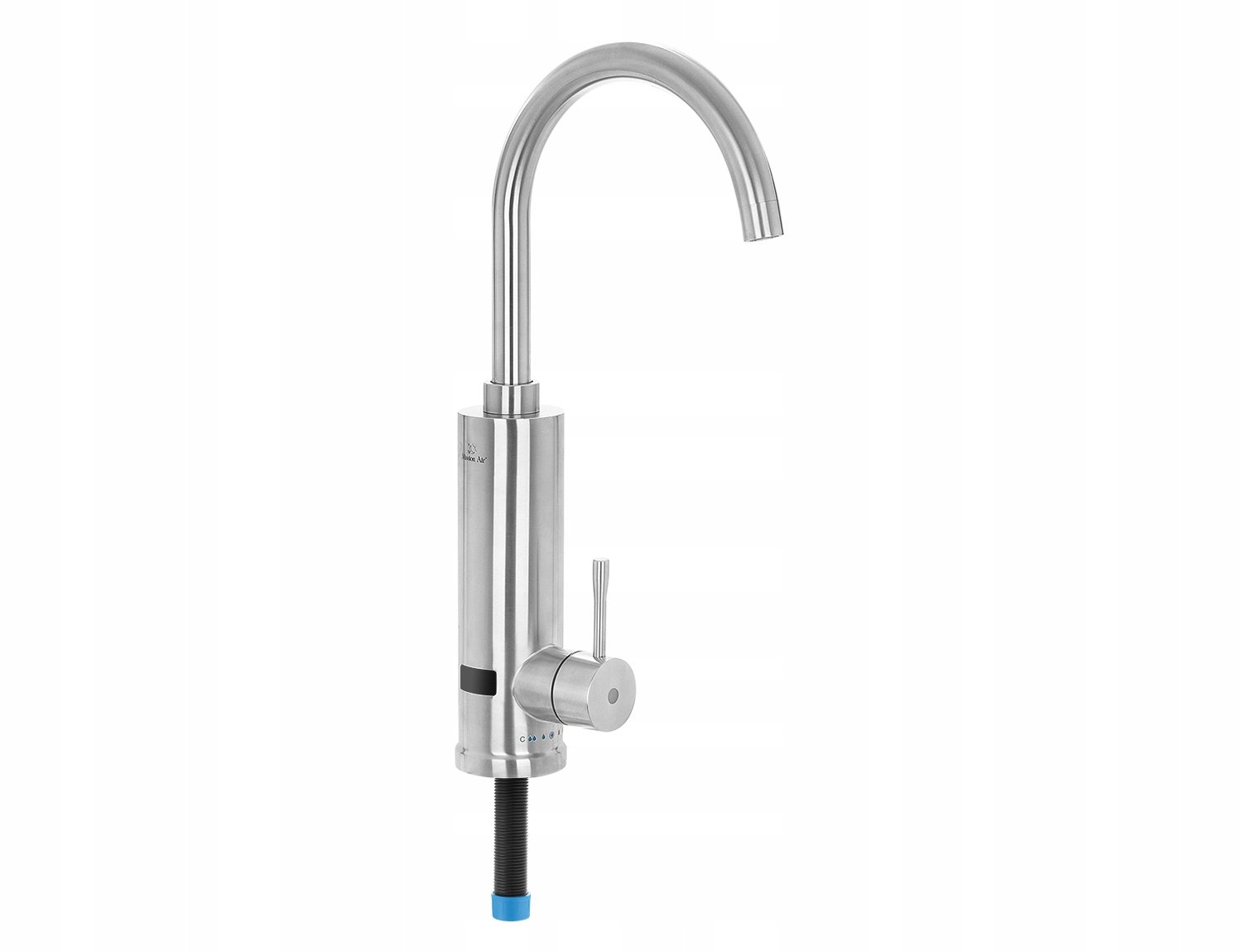 Nowoczesna, nierdzewna bateria kuchenna z zakrzywioną wylewką, uchwytem dźwigniowym i cylindrycznym korpusem. Na białym tle.