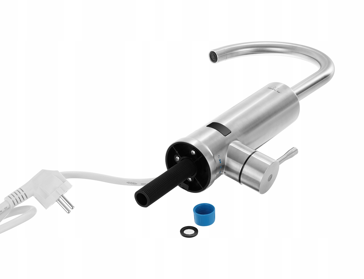 Stalowa bateria kuchenna z czarną podstawą i białym przewodem zasilającym, niebieską nakrętką i czarnym pierścieniem na białym tle.