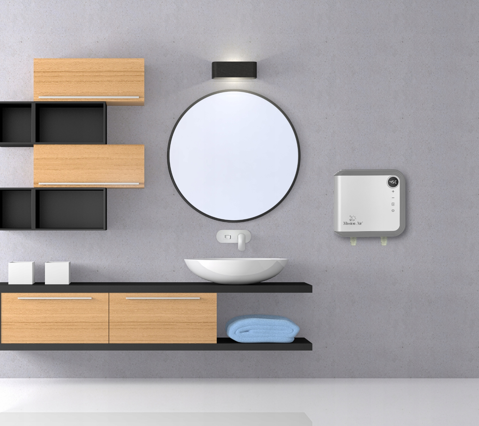 Nowoczesna łazienka z lustrem, umywalką i drewnianymi szafkami. Obecny jest również ręcznik i urządzenie grzewcze.